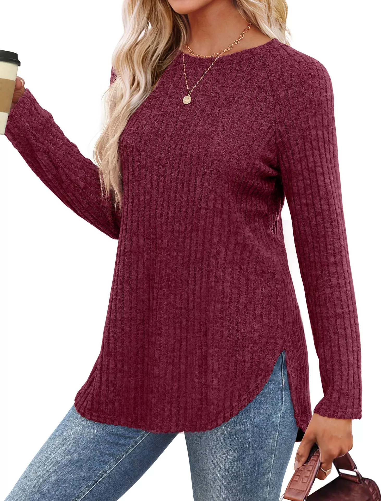 Casual Ribbed Knit Long Sleeve T-Shirt - Image 11