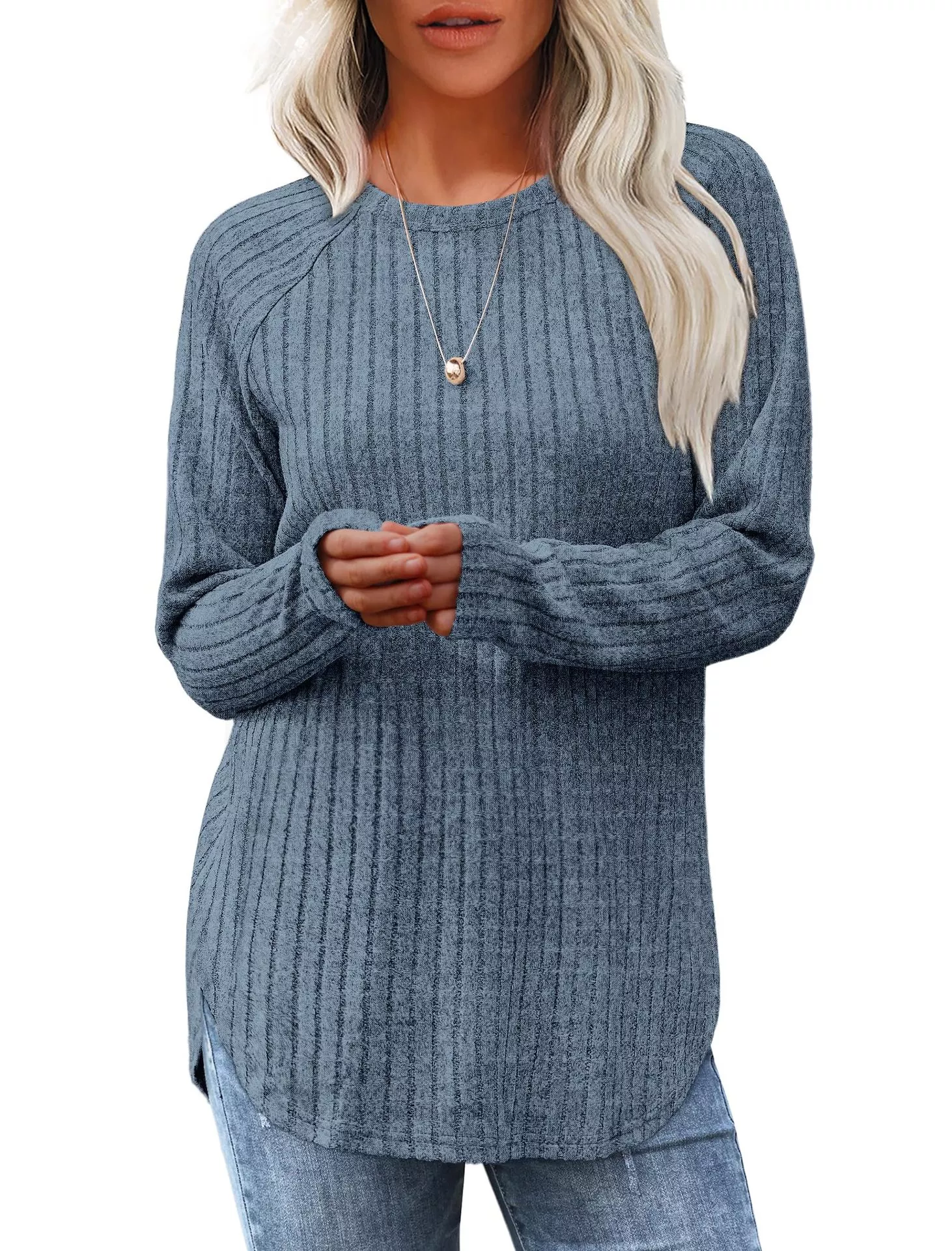 Casual Ribbed Knit Long Sleeve T-Shirt - Image 13