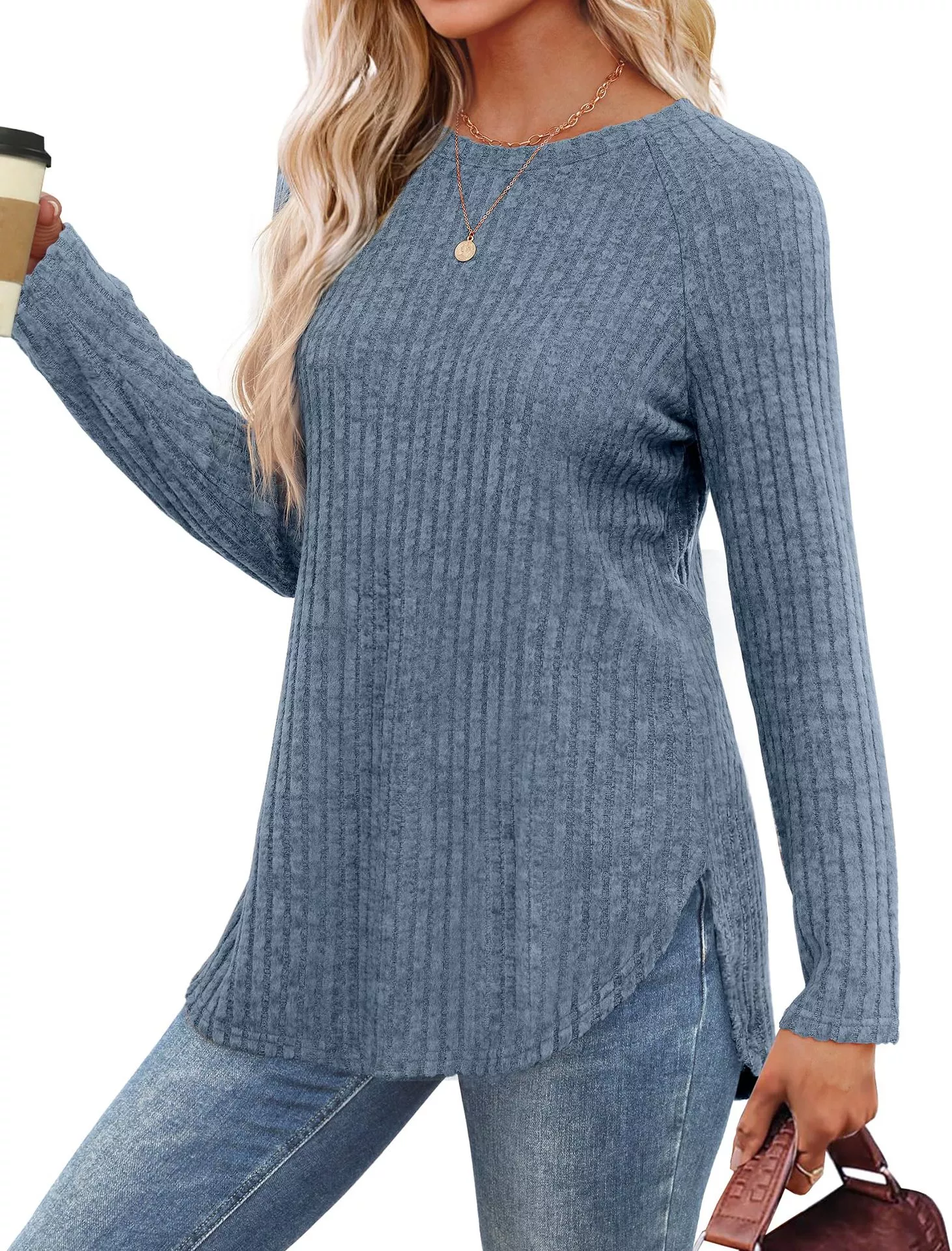 Casual Ribbed Knit Long Sleeve T-Shirt - Image 15
