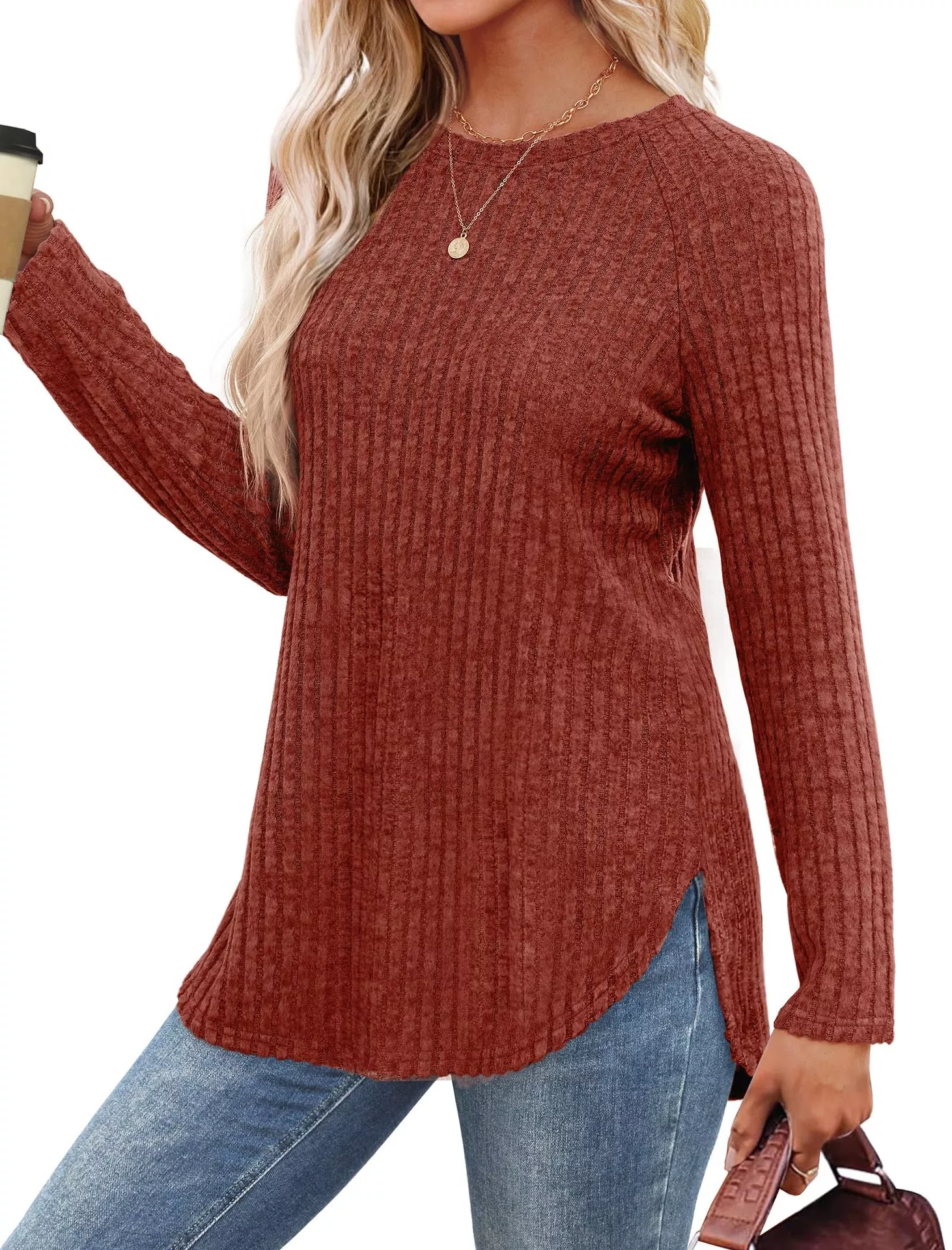 Casual Ribbed Knit Long Sleeve T-Shirt - Image 5
