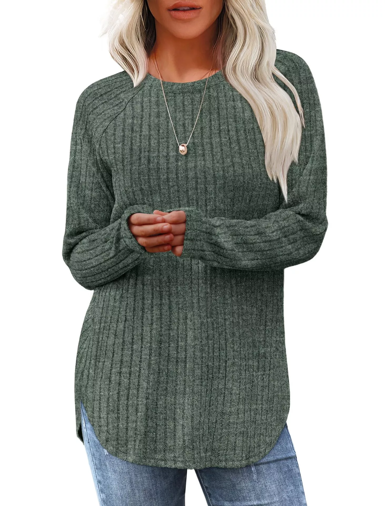 Casual Ribbed Knit Long Sleeve T-Shirt - Image 7