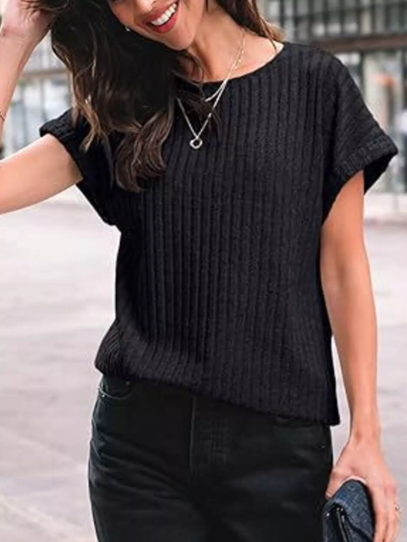 Casual Ribbed Knit Short Sleeve T-Shirt - Image 13