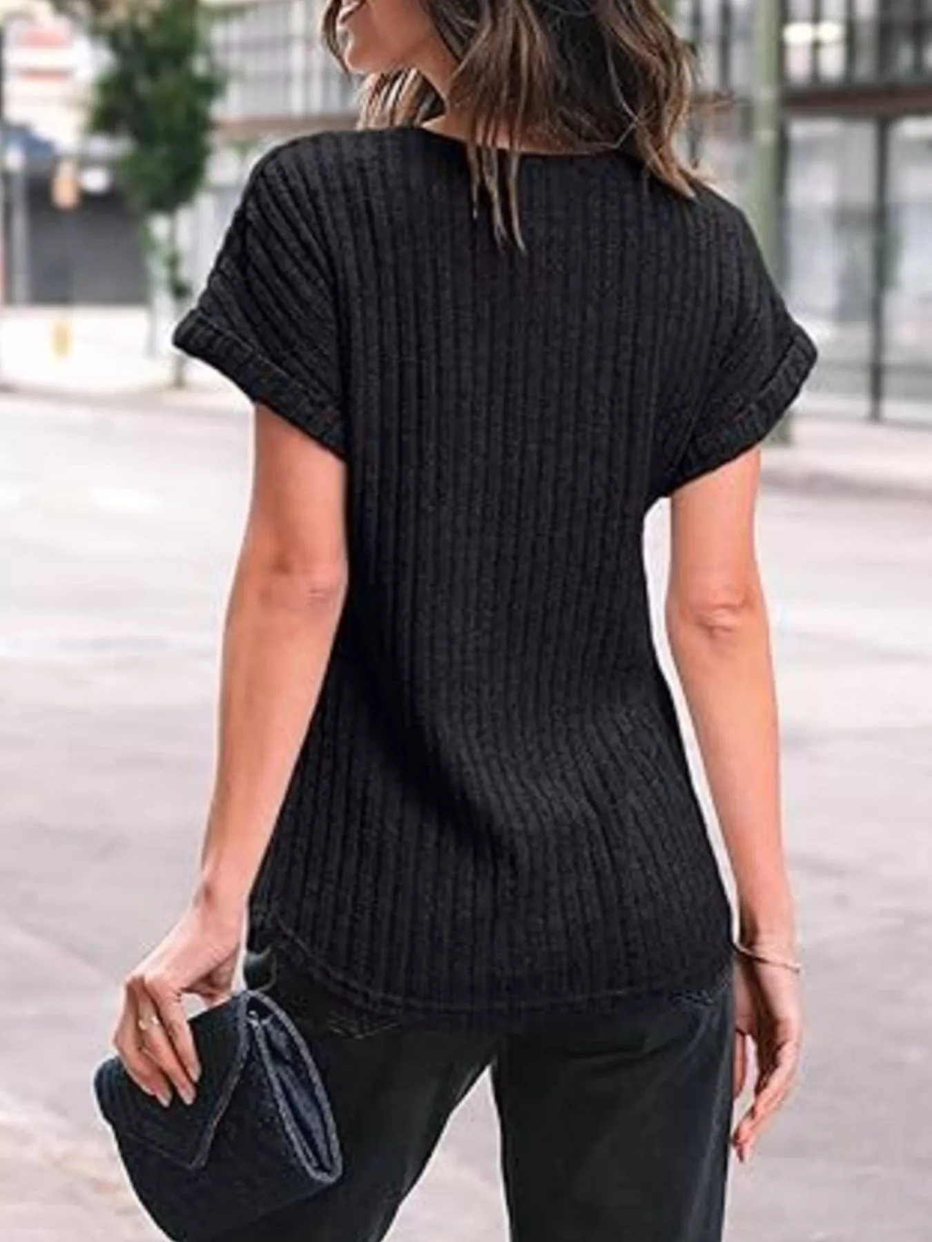 Casual Ribbed Knit Short Sleeve T-Shirt - Image 14