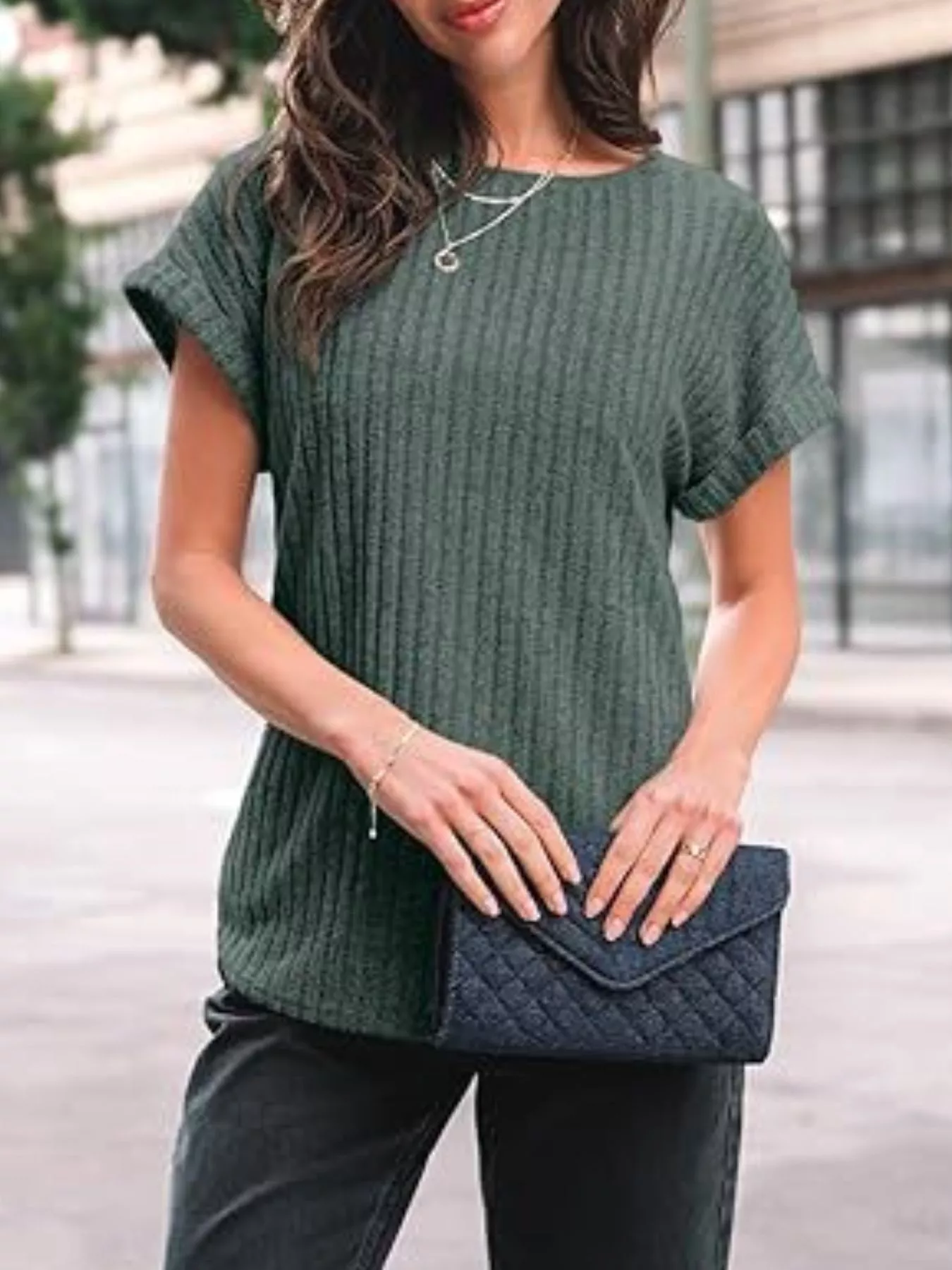 Casual Ribbed Knit Short Sleeve T-Shirt - Image 3