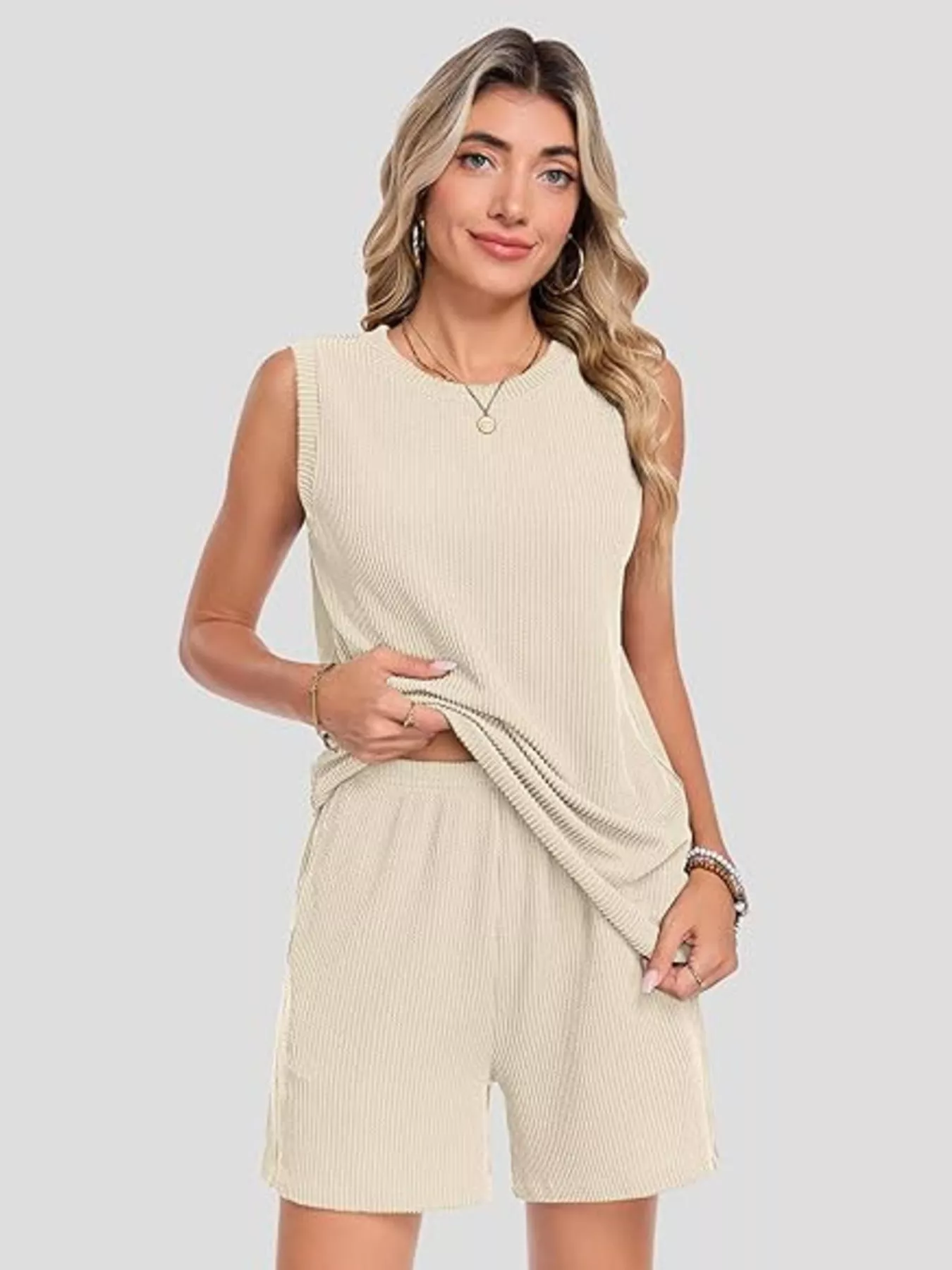 Casual Ribbed Knit Sleeveless Top and Shorts Set - Image 8