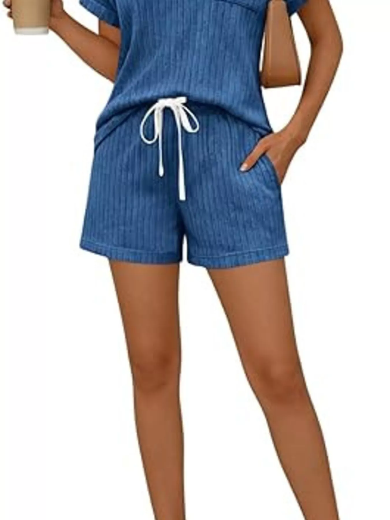 Casual Ribbed Knit Tee and Shorts Set - Image 17