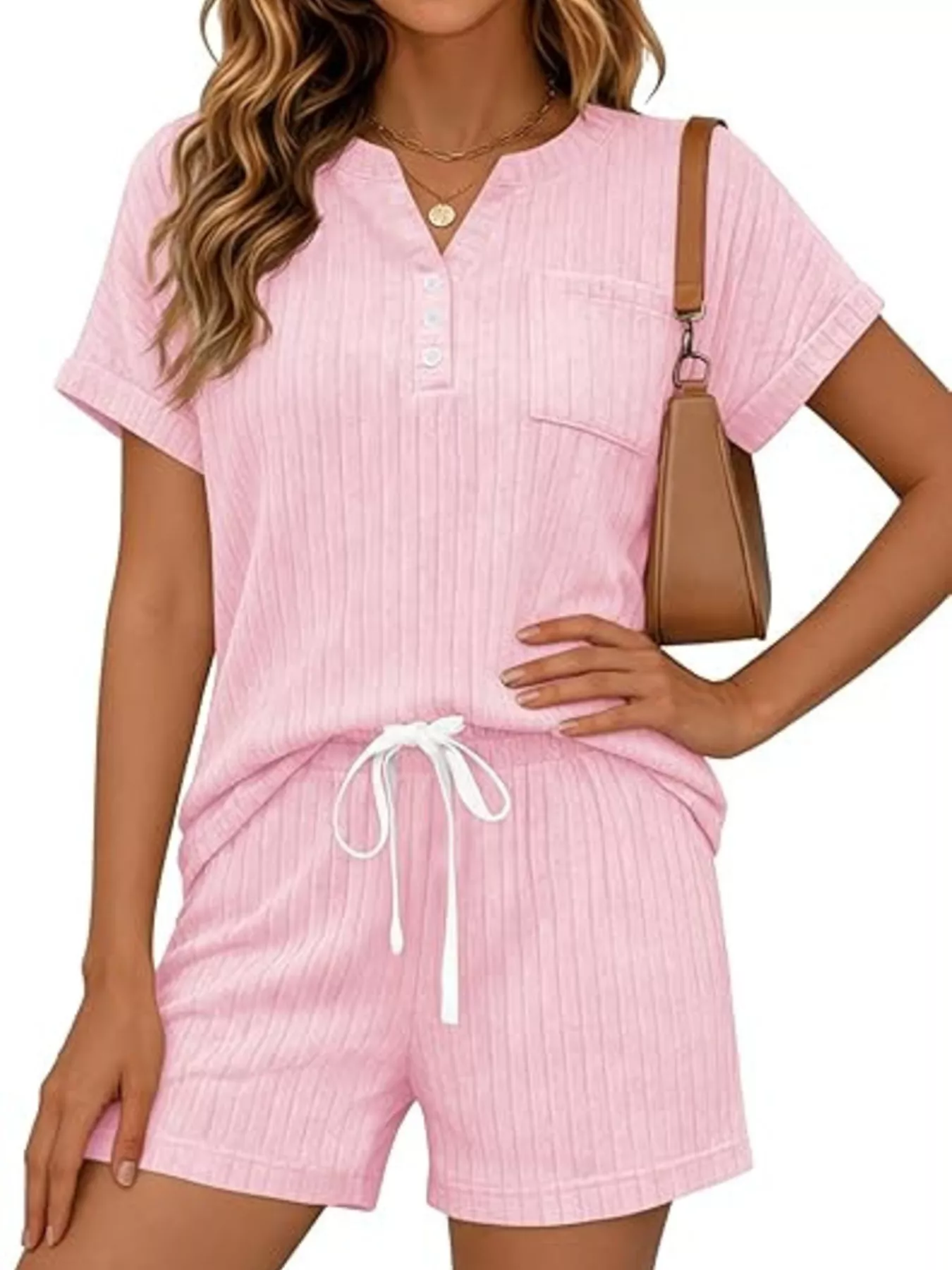 Casual Ribbed Knit Tee and Shorts Set - Image 24
