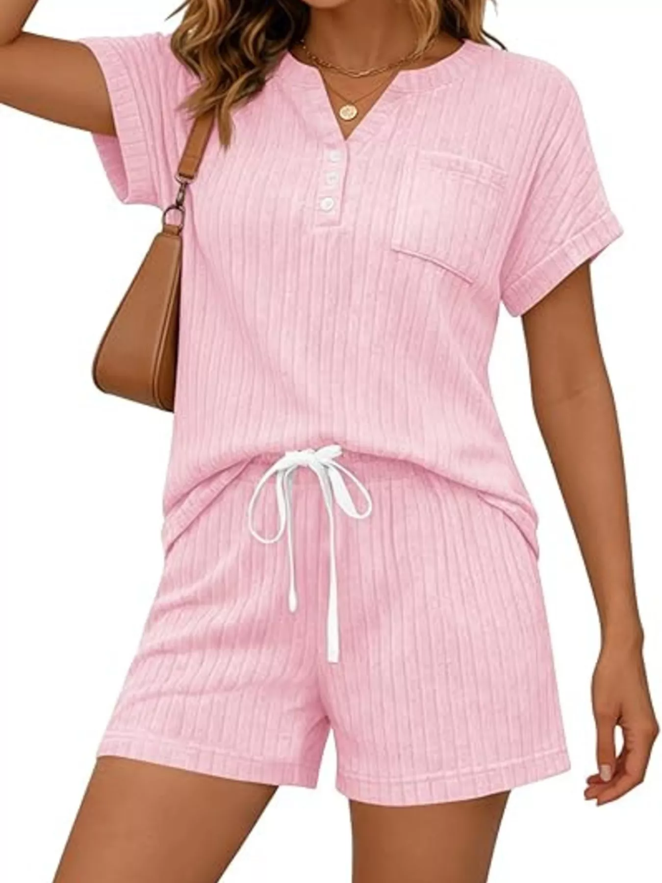 Casual Ribbed Knit Tee and Shorts Set - Image 26