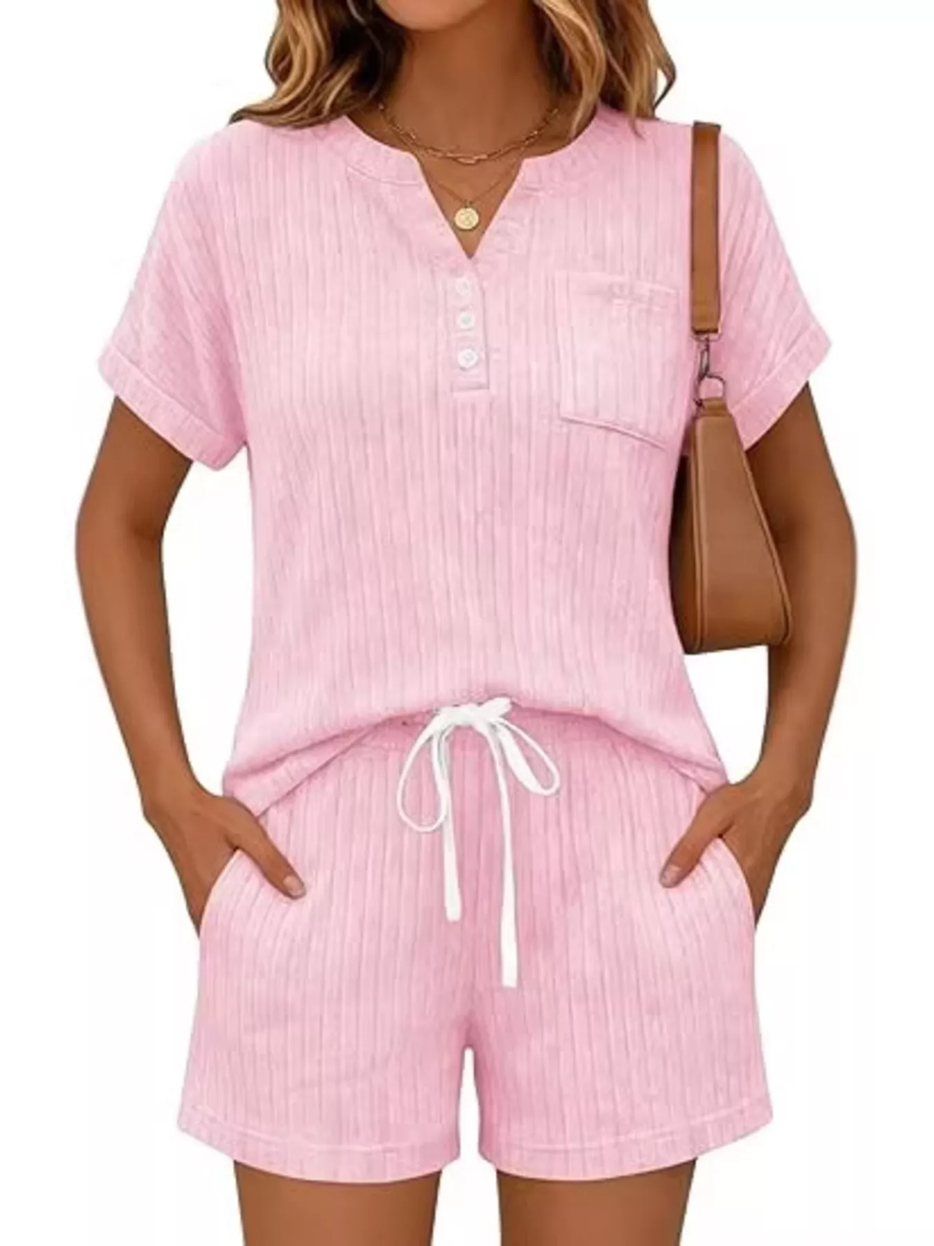 Casual Ribbed Knit Tee and Shorts Set - Image 27