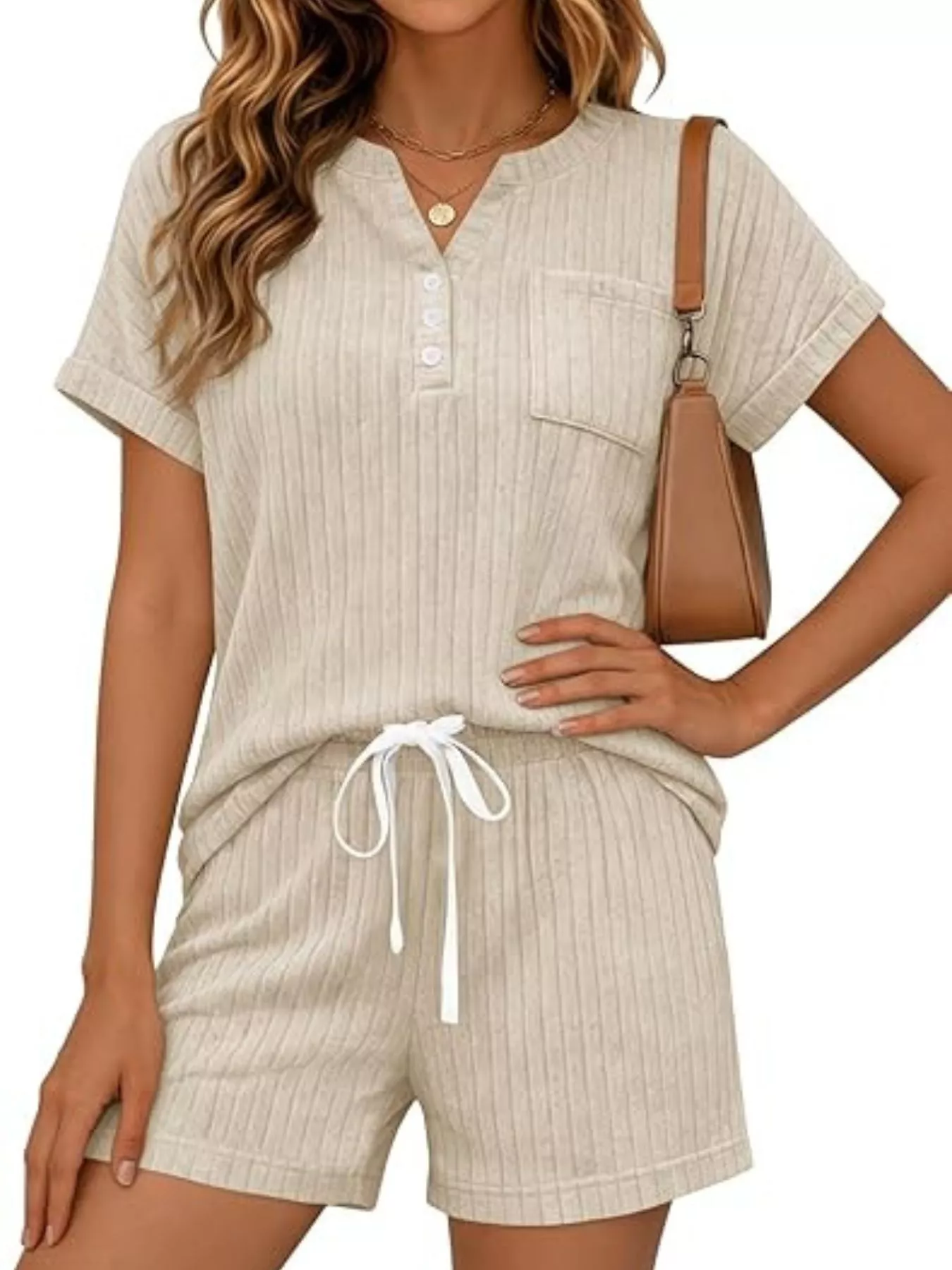 Casual Ribbed Knit Tee and Shorts Set - Image 7