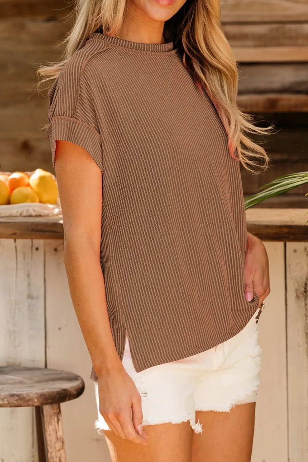 Casual Ribbed Short Sleeve Round Neck T-Shirt - Image 17