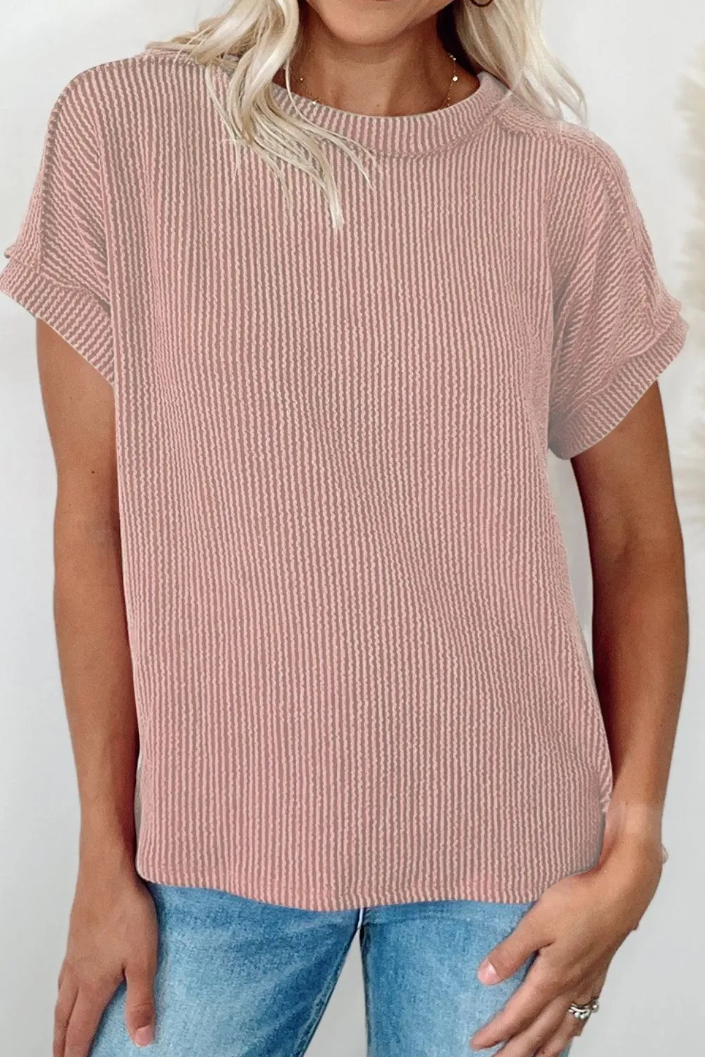 Casual Ribbed Short Sleeve Round Neck T-Shirt - Image 26