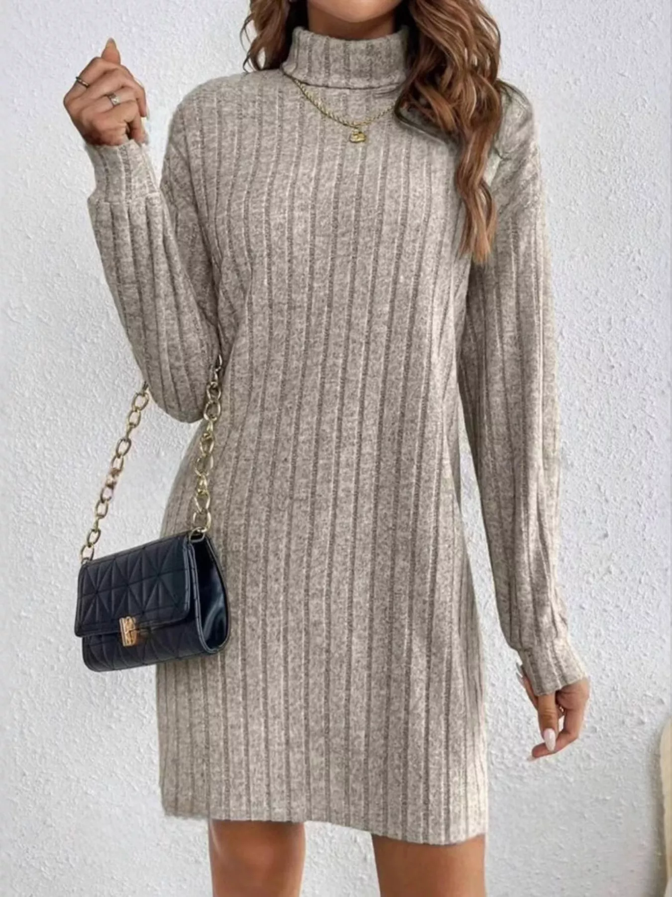 Casual Ribbed Turtleneck Long Sleeve Mini Dress - Image 3