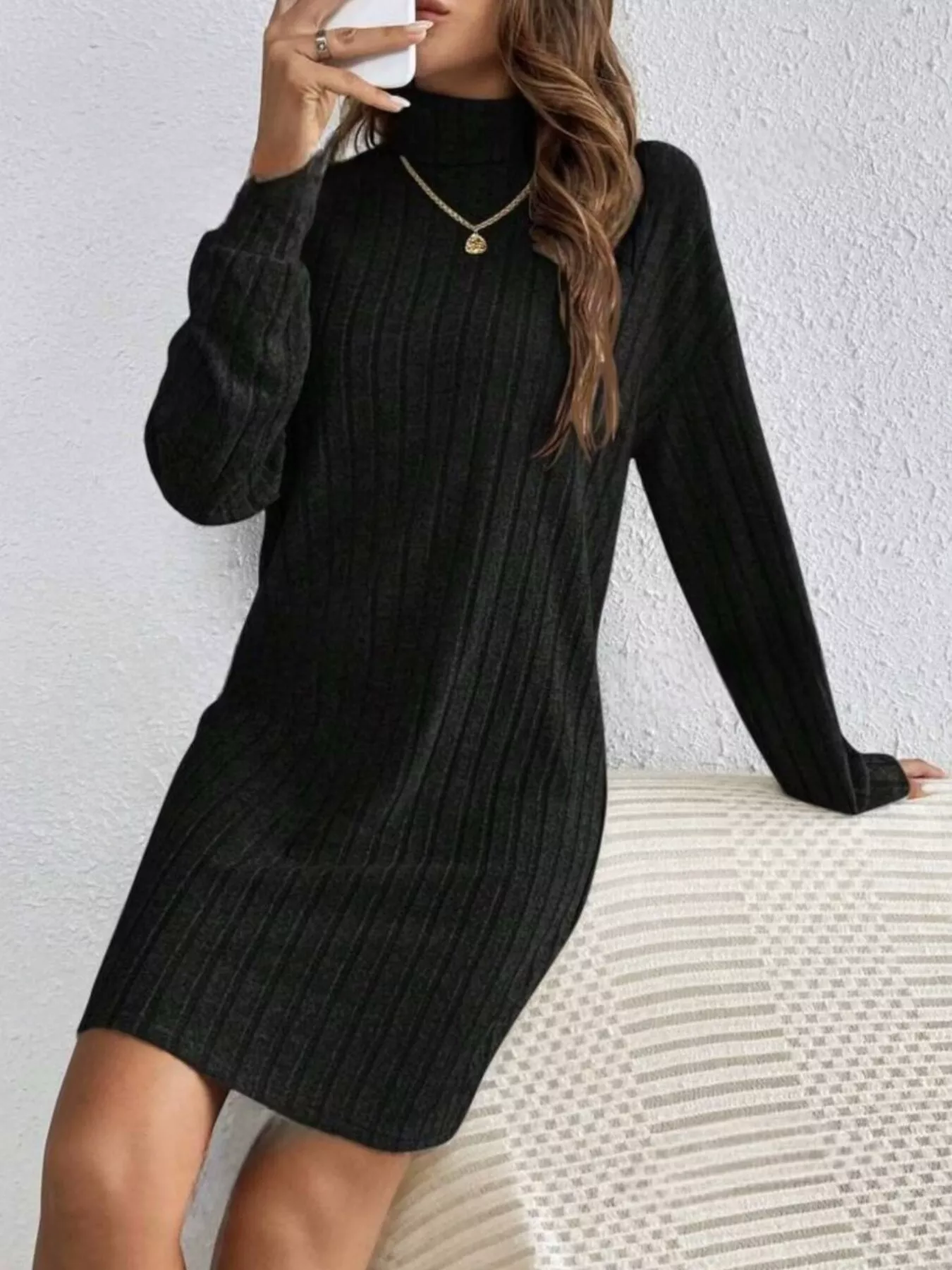 Casual Ribbed Turtleneck Long Sleeve Mini Dress - Image 7