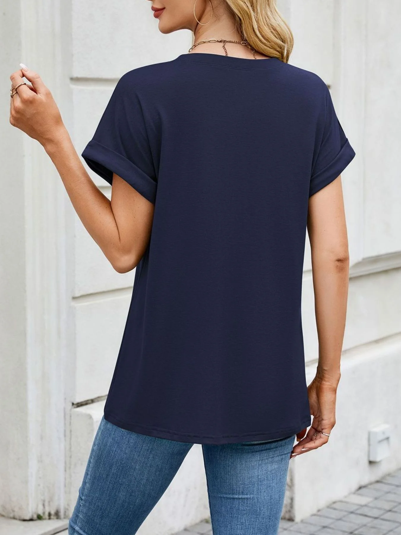 Casual Rolled Sleeve Solid Color T-Shirt - Image 28