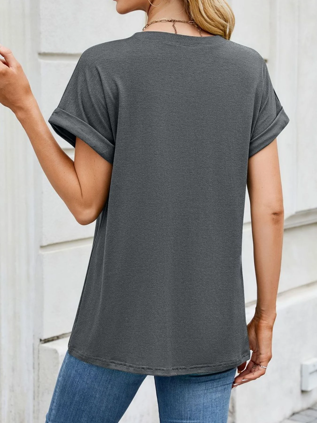 Casual Rolled Sleeve Solid Color T-Shirt - Image 4