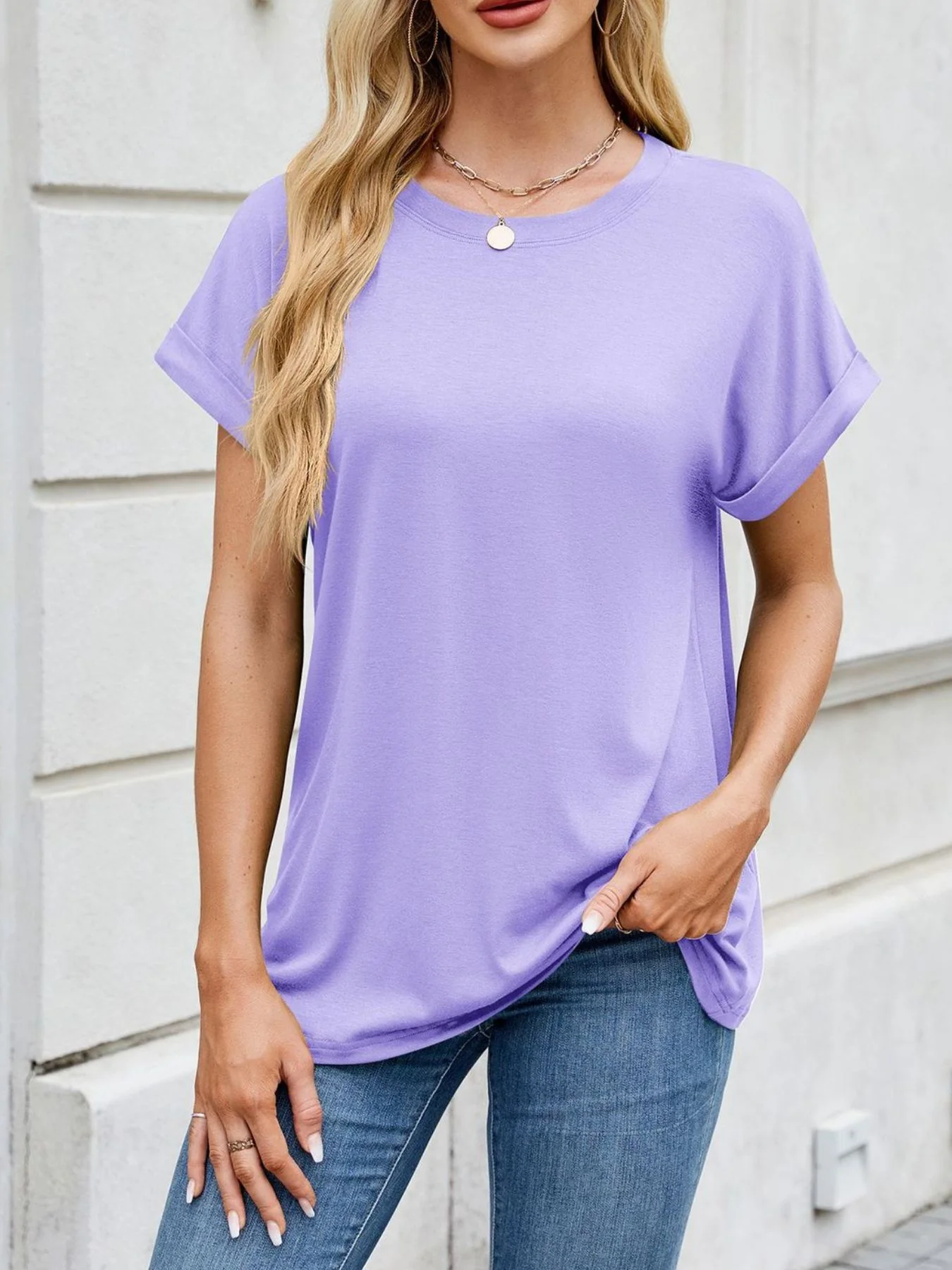 Casual Rolled Sleeve Solid Color T-Shirt - Image 9