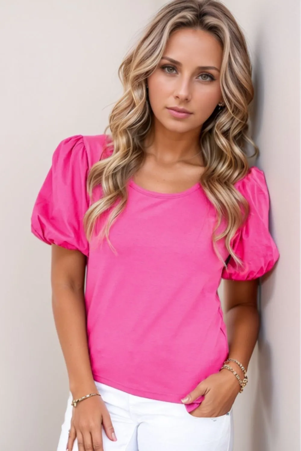 Casual Round Neck Bubble Sleeve T-Shirt - Image 2