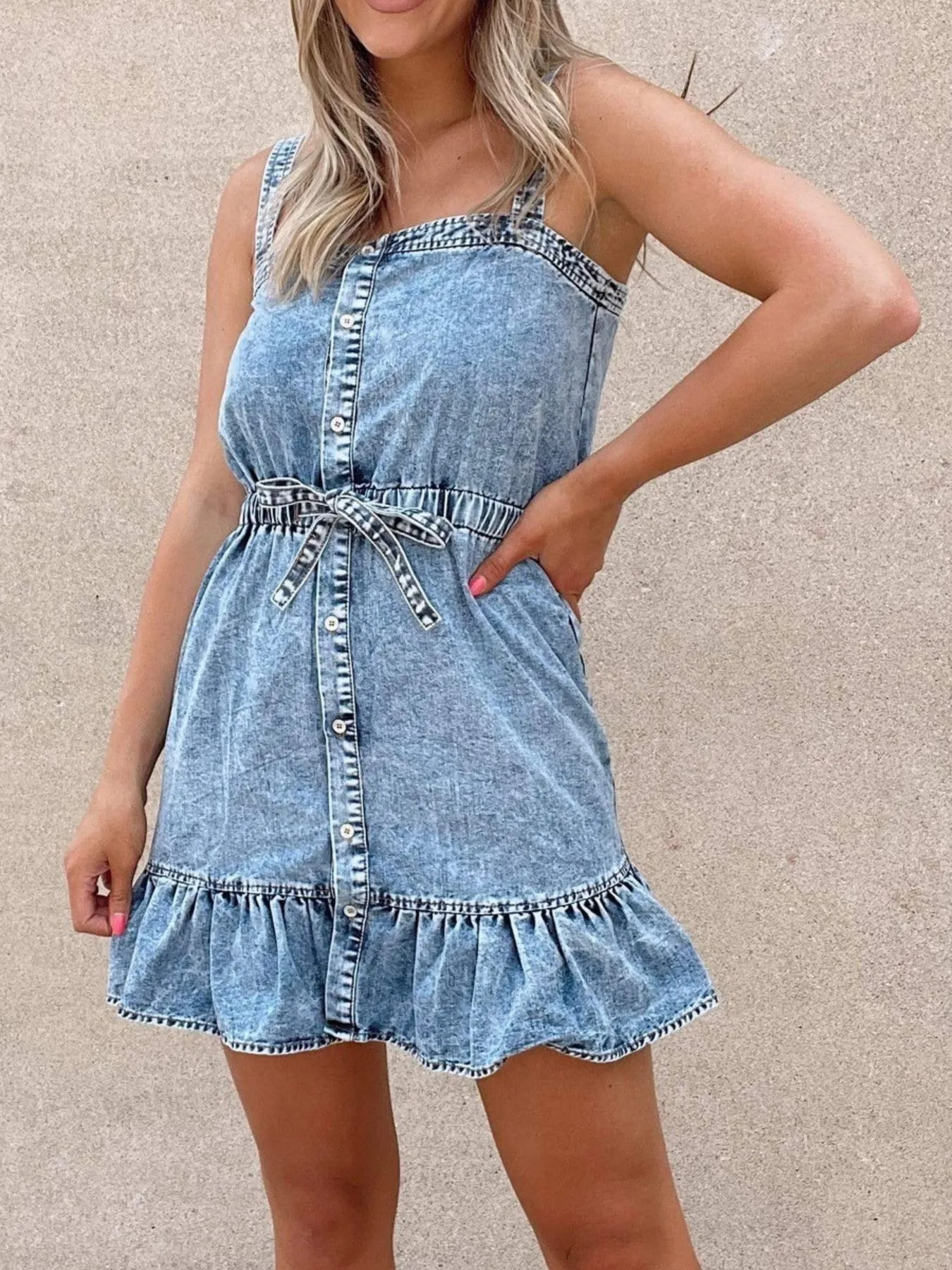 Casual Ruffled Hem Denim Mini Dress with Tie Waist - Image 3