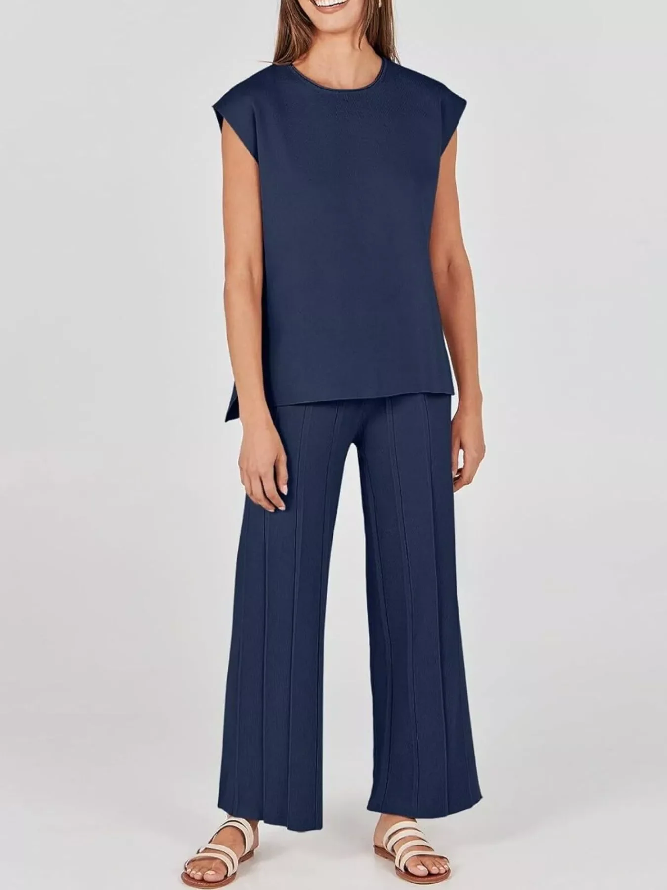 Casual Solid Color Cap Sleeve Top and Pants Knit Set - Image 11