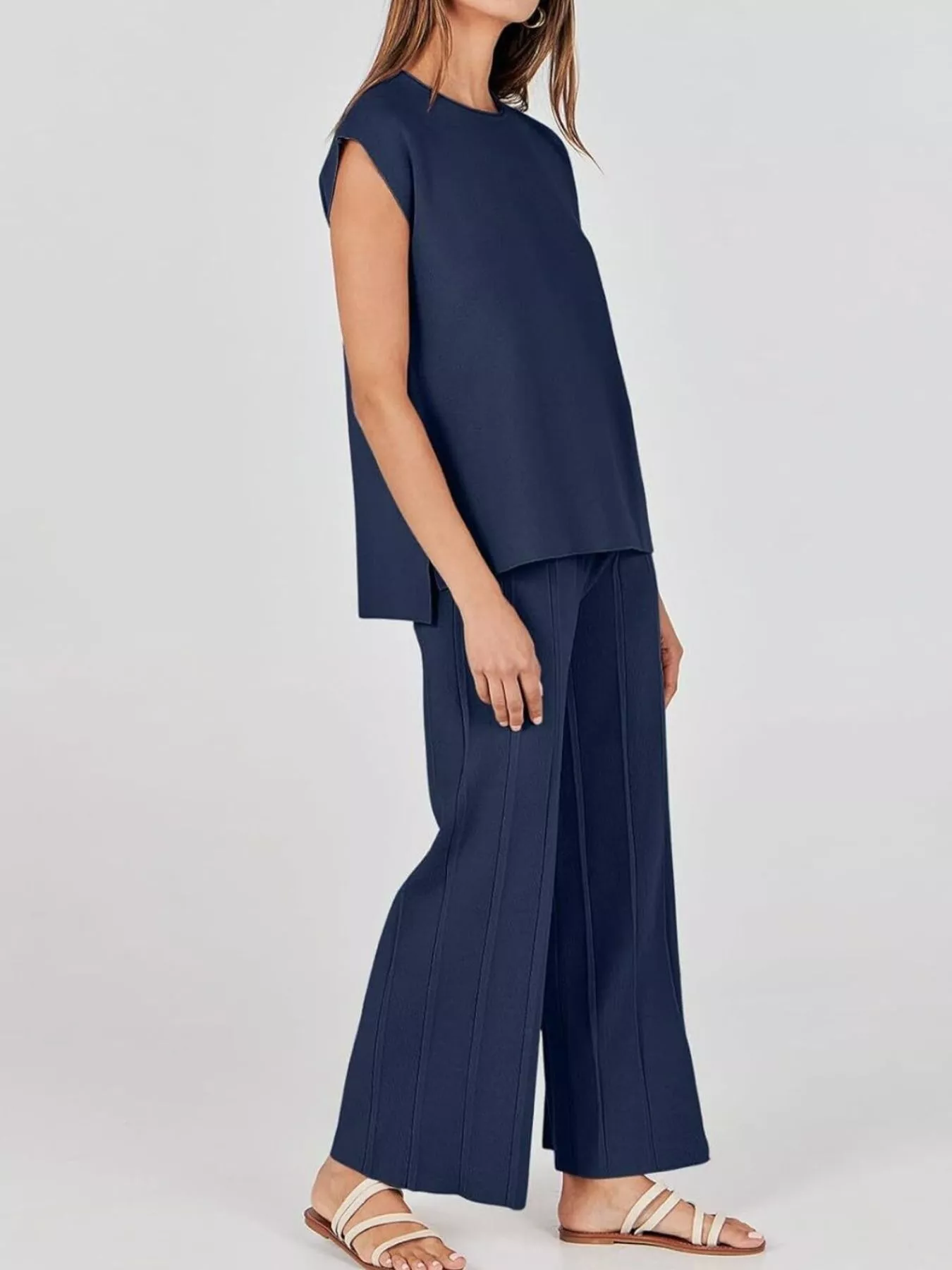 Casual Solid Color Cap Sleeve Top and Pants Knit Set - Image 12