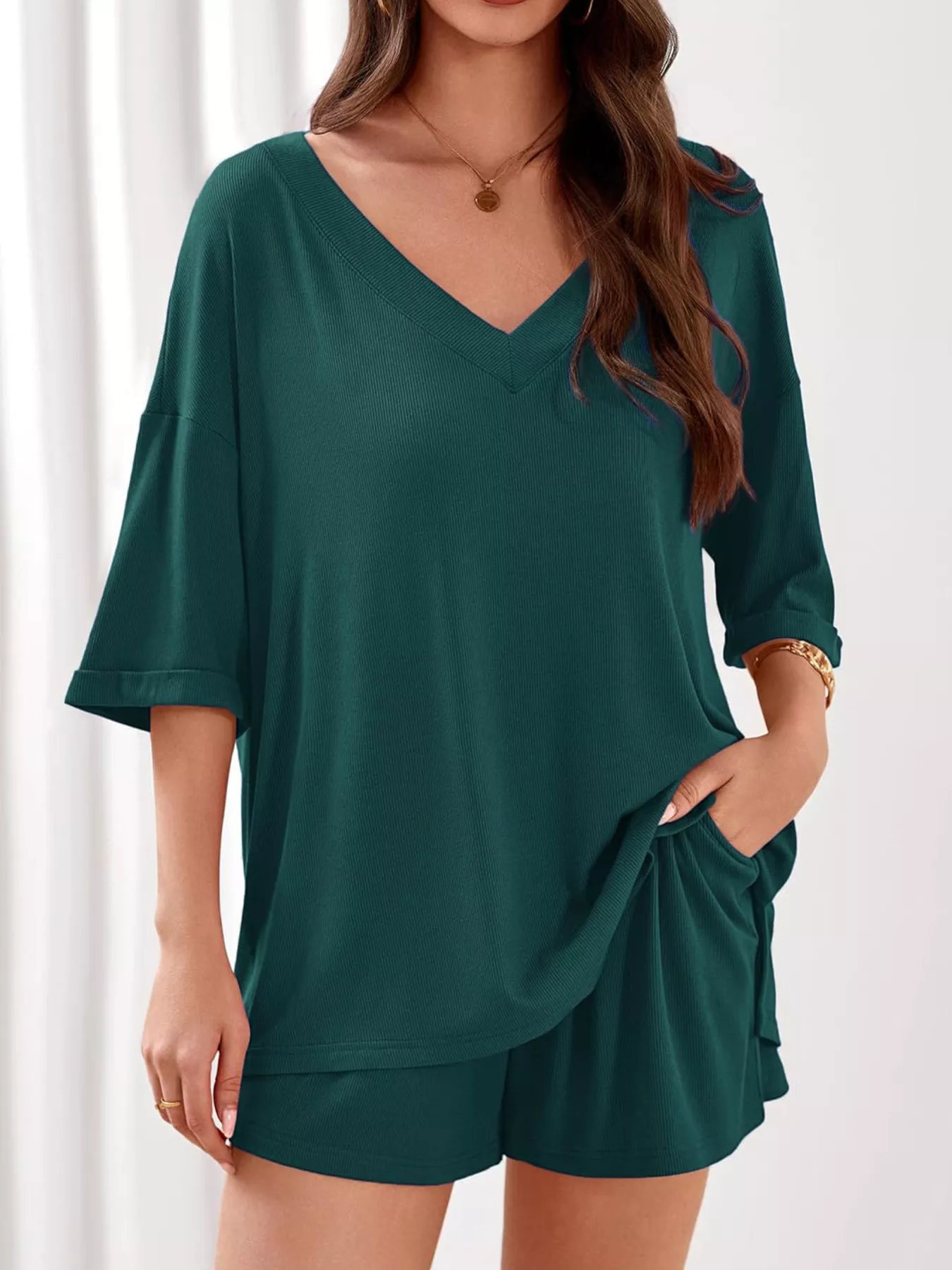 Casual Solid Color V-Neck Top & Shorts Set - Image 32