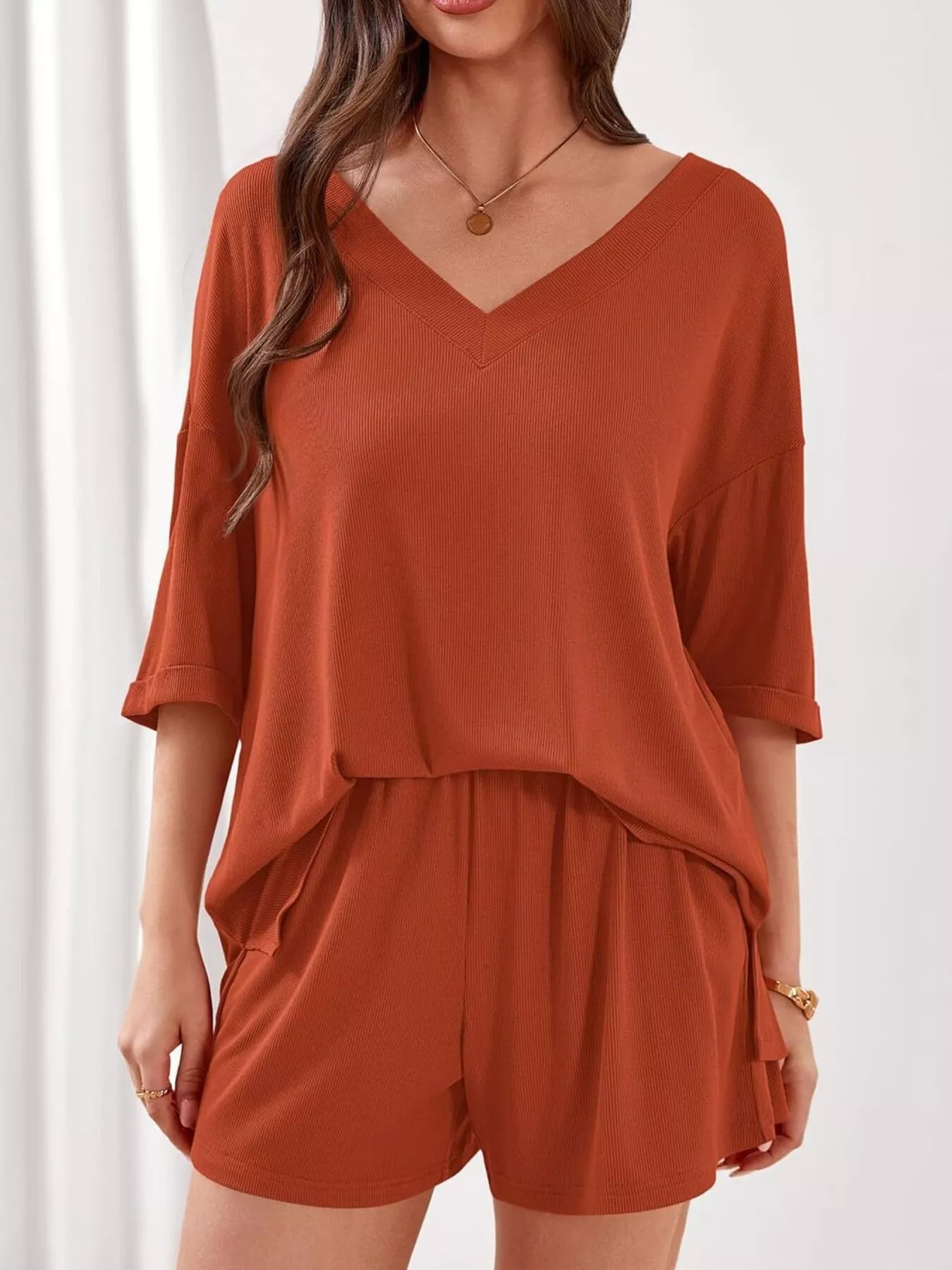 Casual Solid Color V-Neck Top & Shorts Set - Image 7
