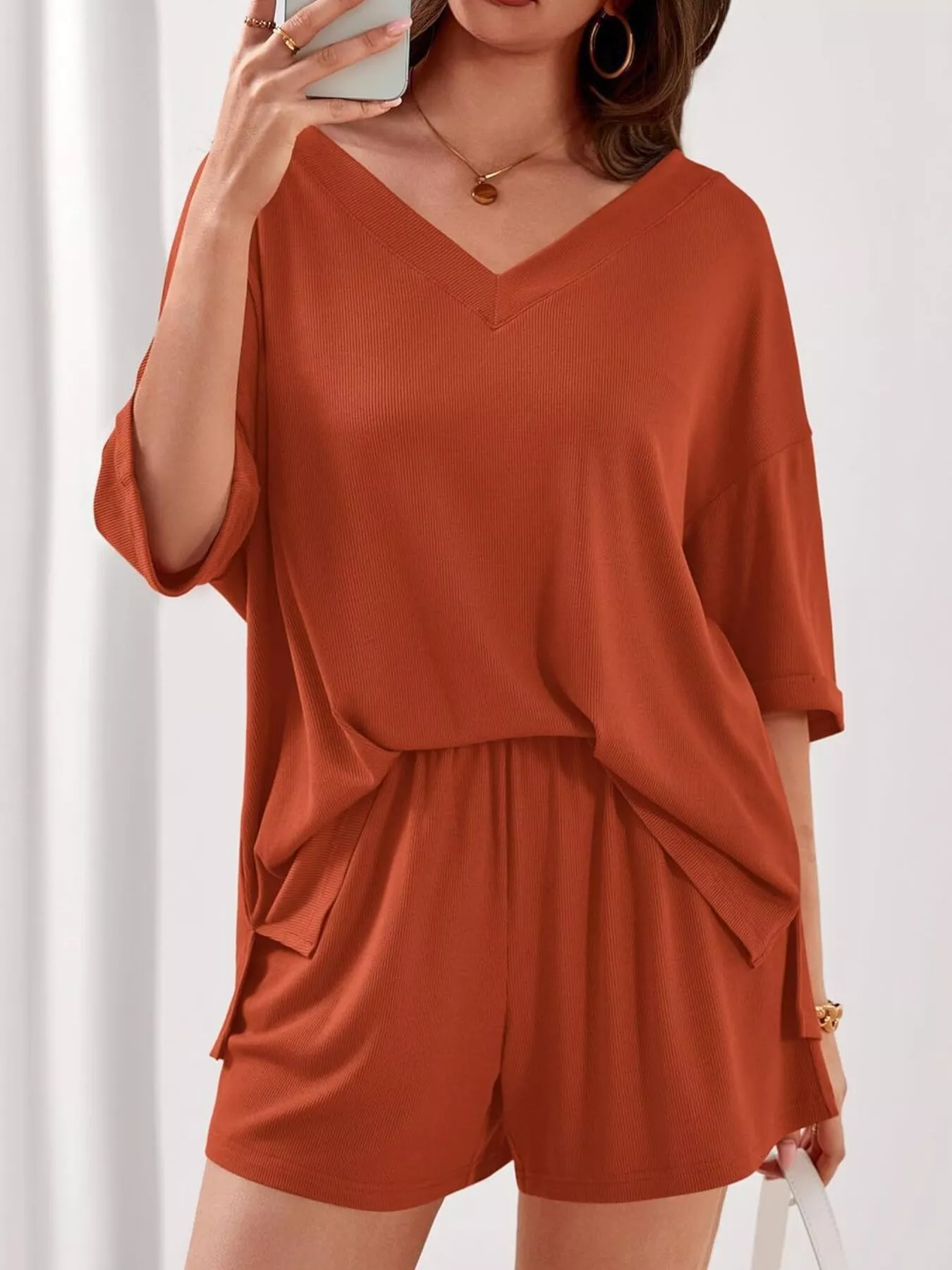 Casual Solid Color V-Neck Top & Shorts Set - Image 8