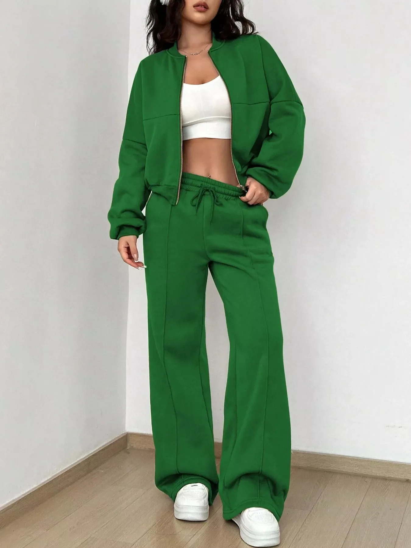 Casual Solid Color Zipper Jacket and Wide Leg Pants Set - Image 11