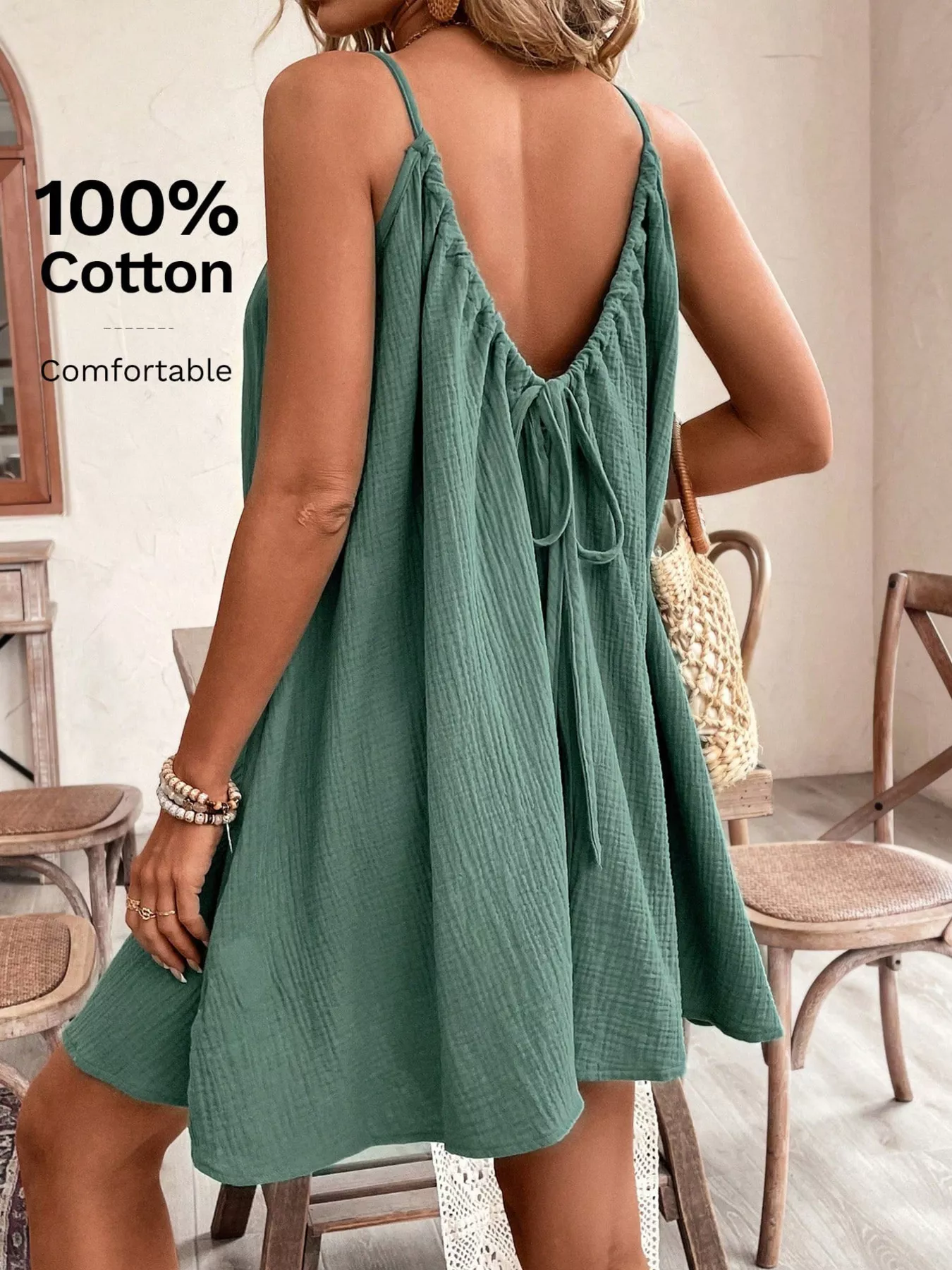 Casual Spaghetti Strap Gauze Dress - Image 5
