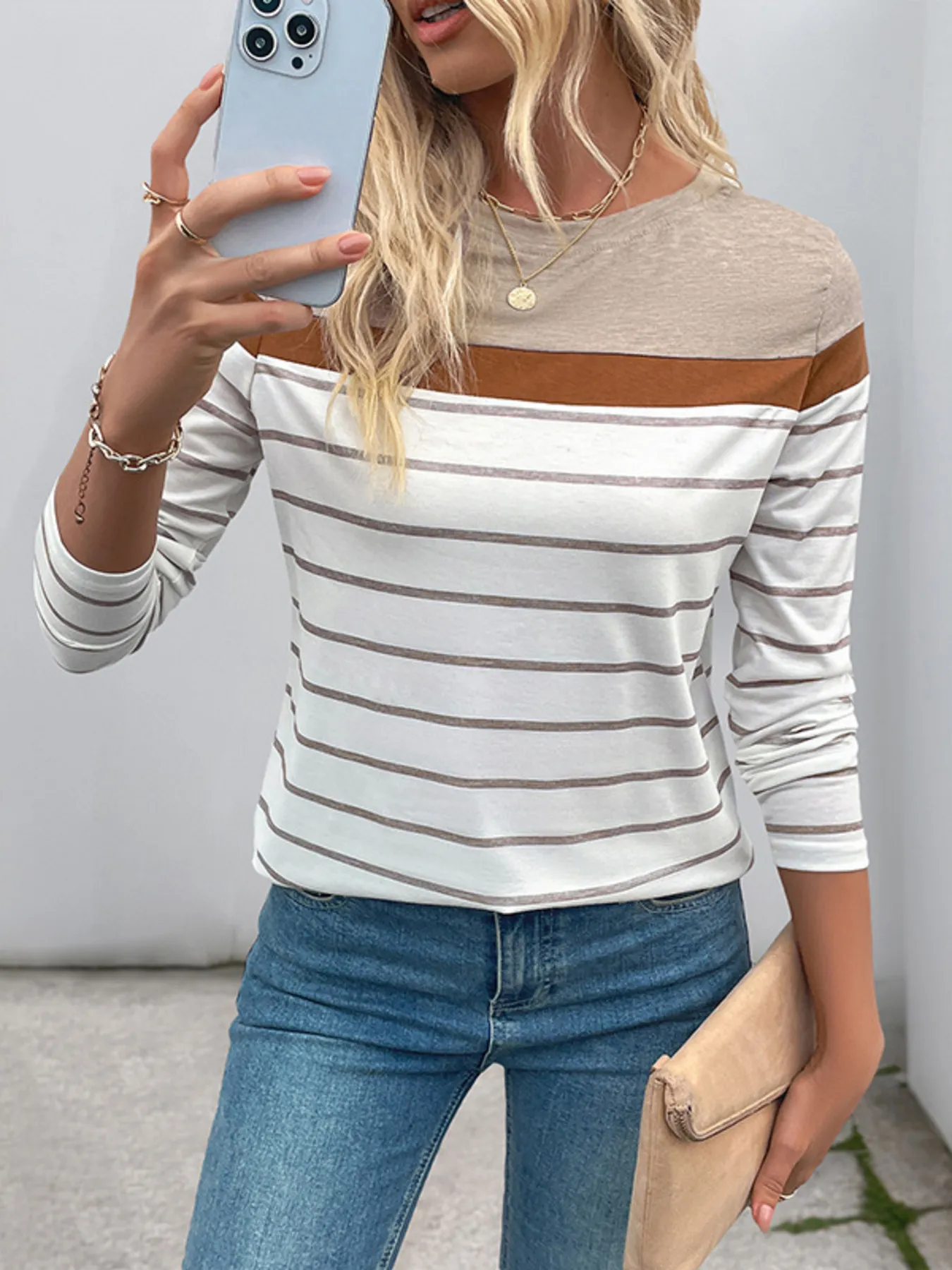 Casual Striped Long Sleeve Color Block T-Shirt - Image 3