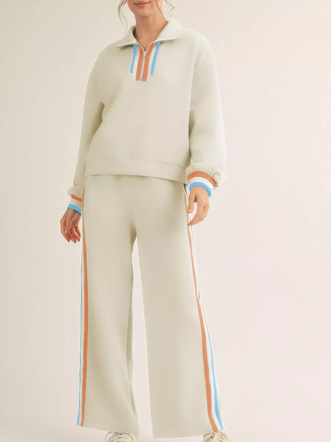 Casual Striped Quarter Zip Top and Pants Set - Image 2