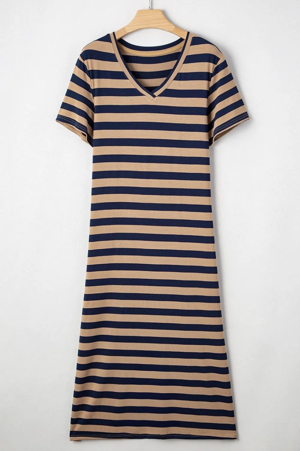 Casual Striped V-Neck Midi T-Shirt Dress - Image 17