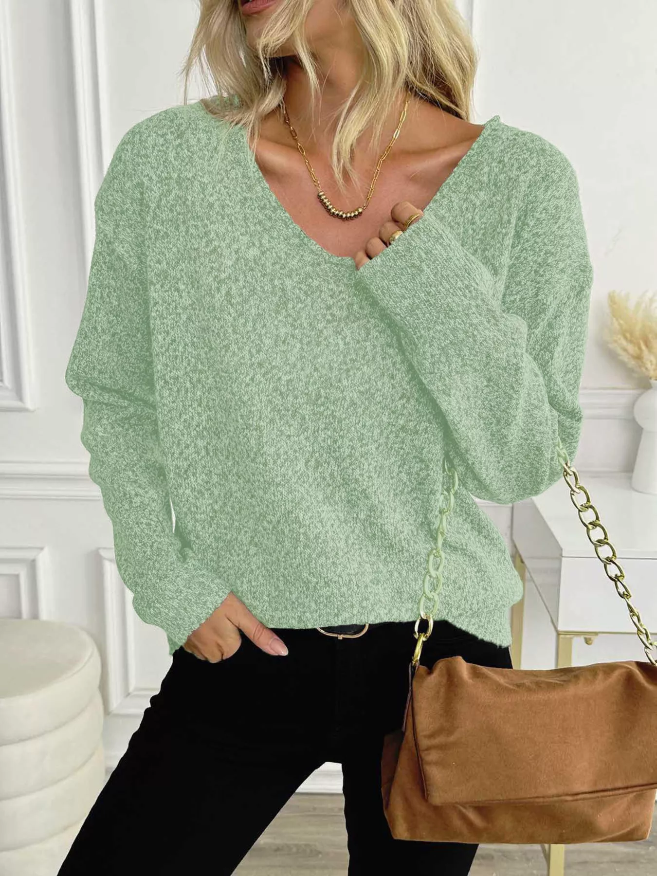 Casual V-Neck Drop Shoulder Sweater - Image 6