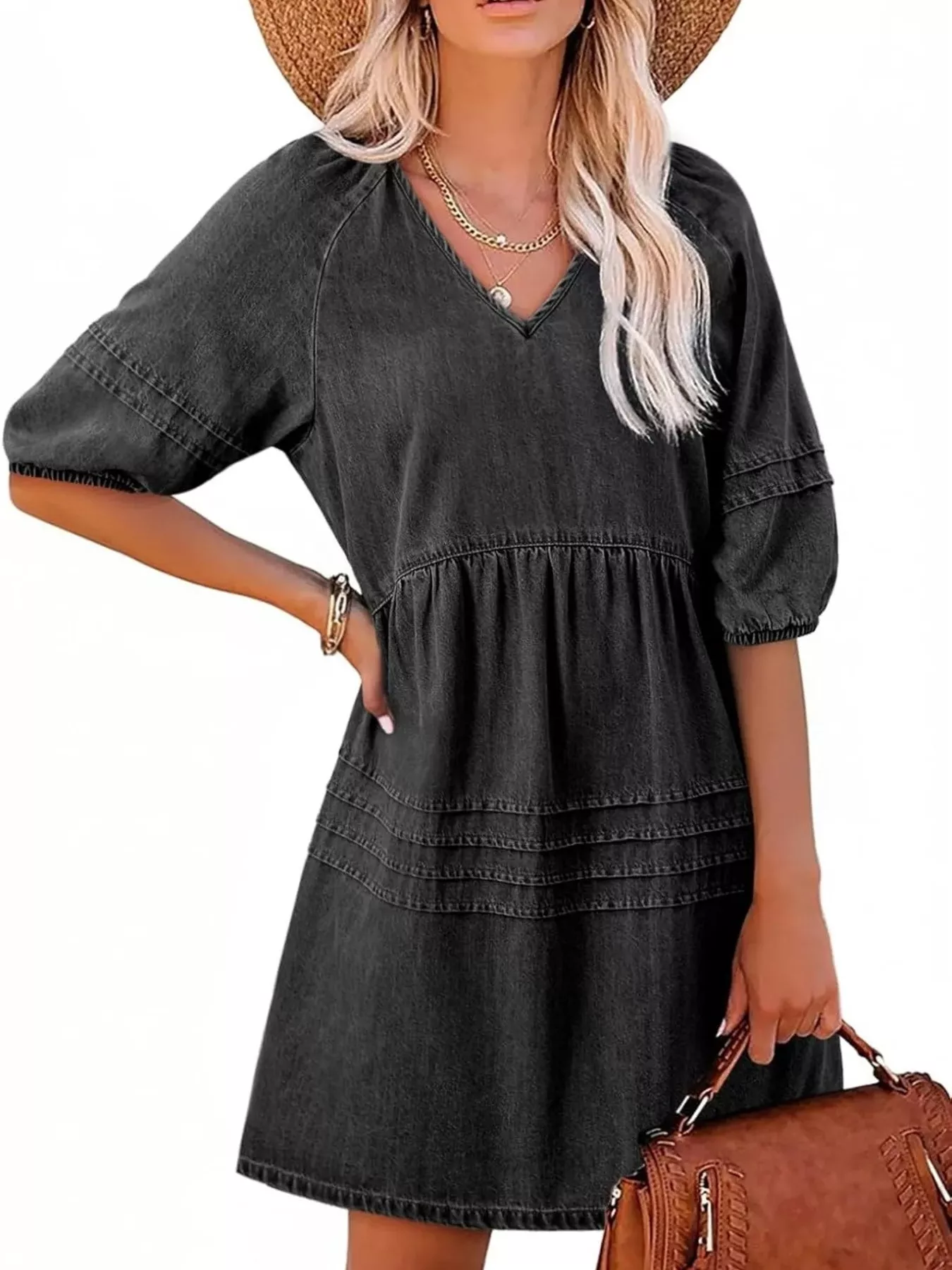 Casual V-Neck Puff Sleeve Denim Mini Dress - Image 10