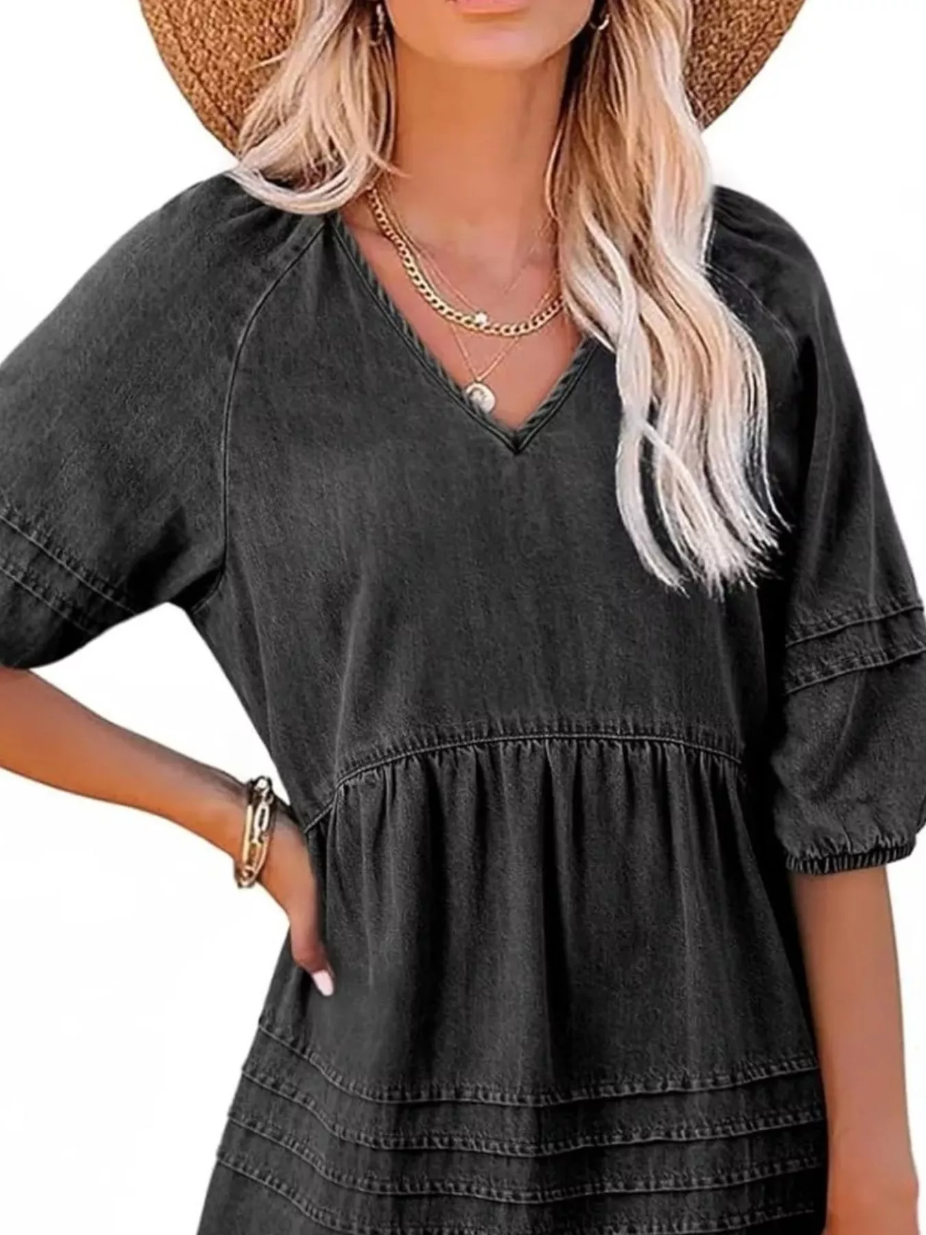 Casual V-Neck Puff Sleeve Denim Mini Dress - Image 11