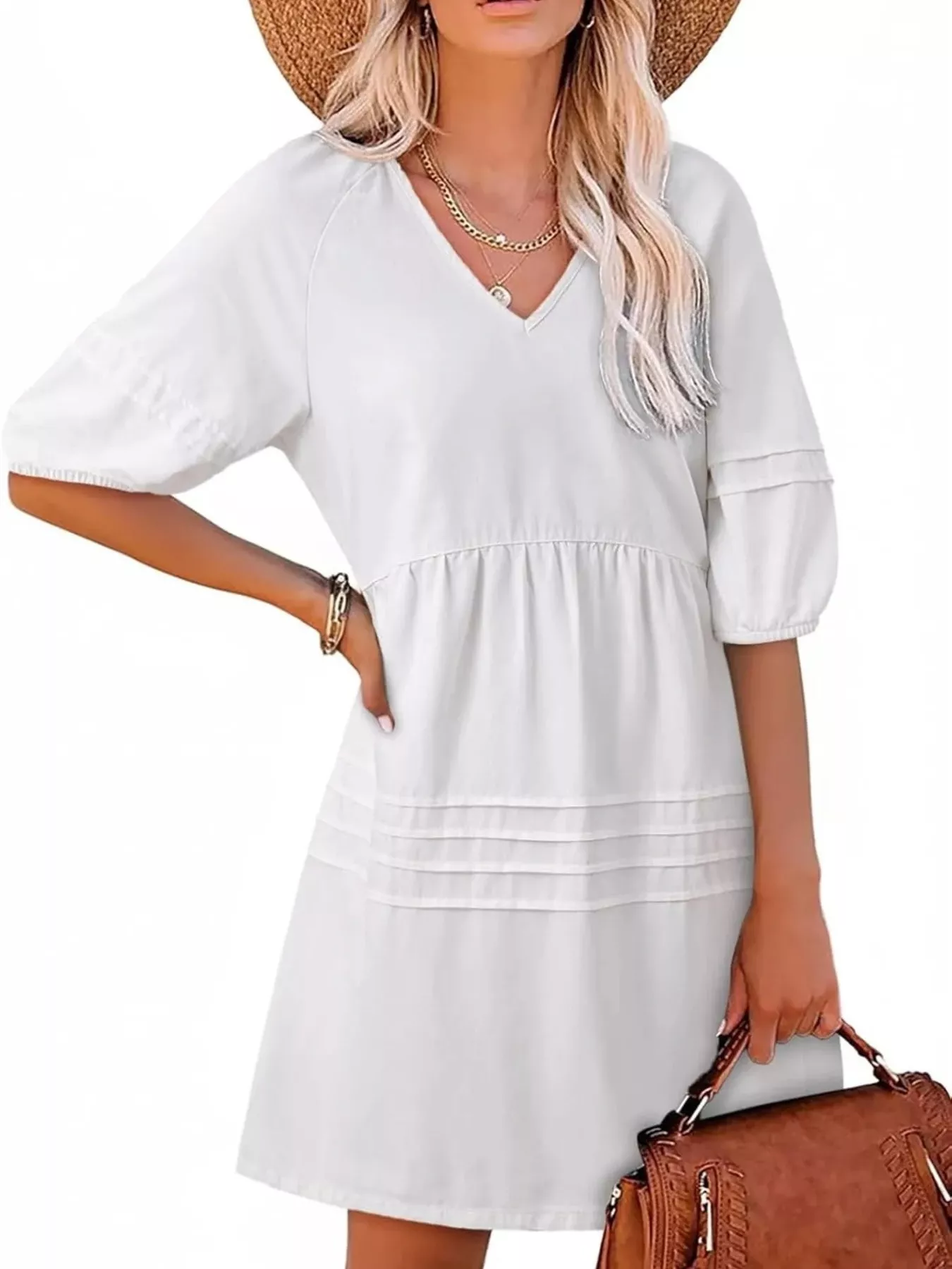 Casual V-Neck Puff Sleeve Denim Mini Dress - Image 7