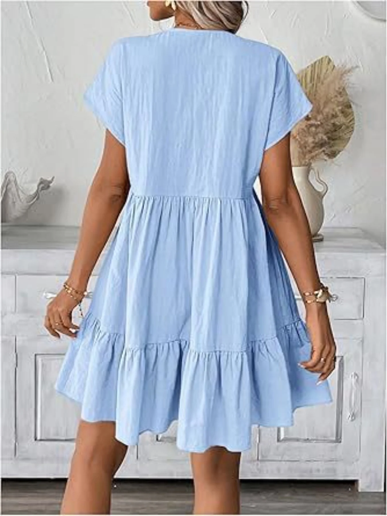 Casual V-Neck Ruffle Hem Flowy Mini Dress - Image 2