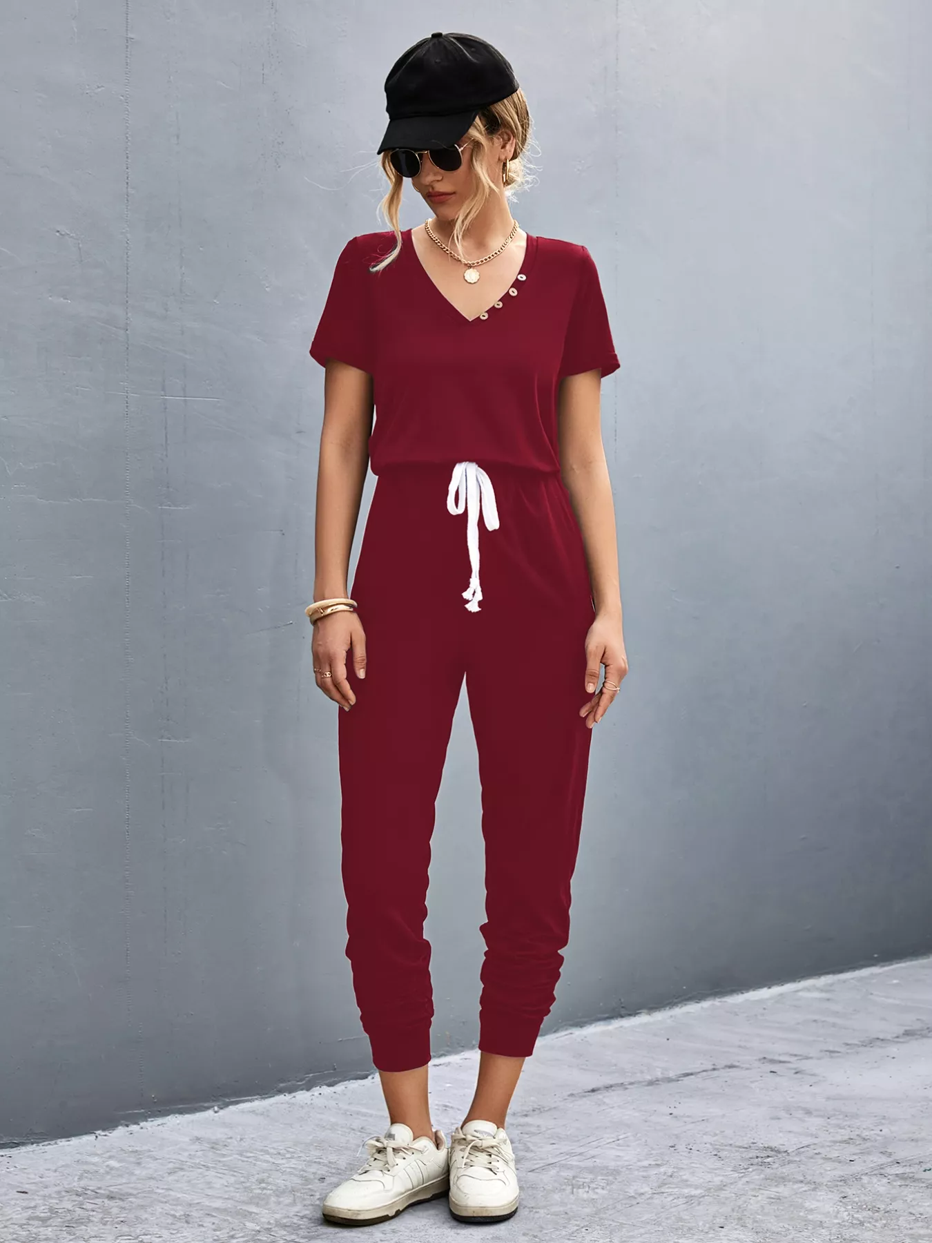 Casual V-Neck Short Sleeve Drawstring Waist Jumpsuit - Image 7