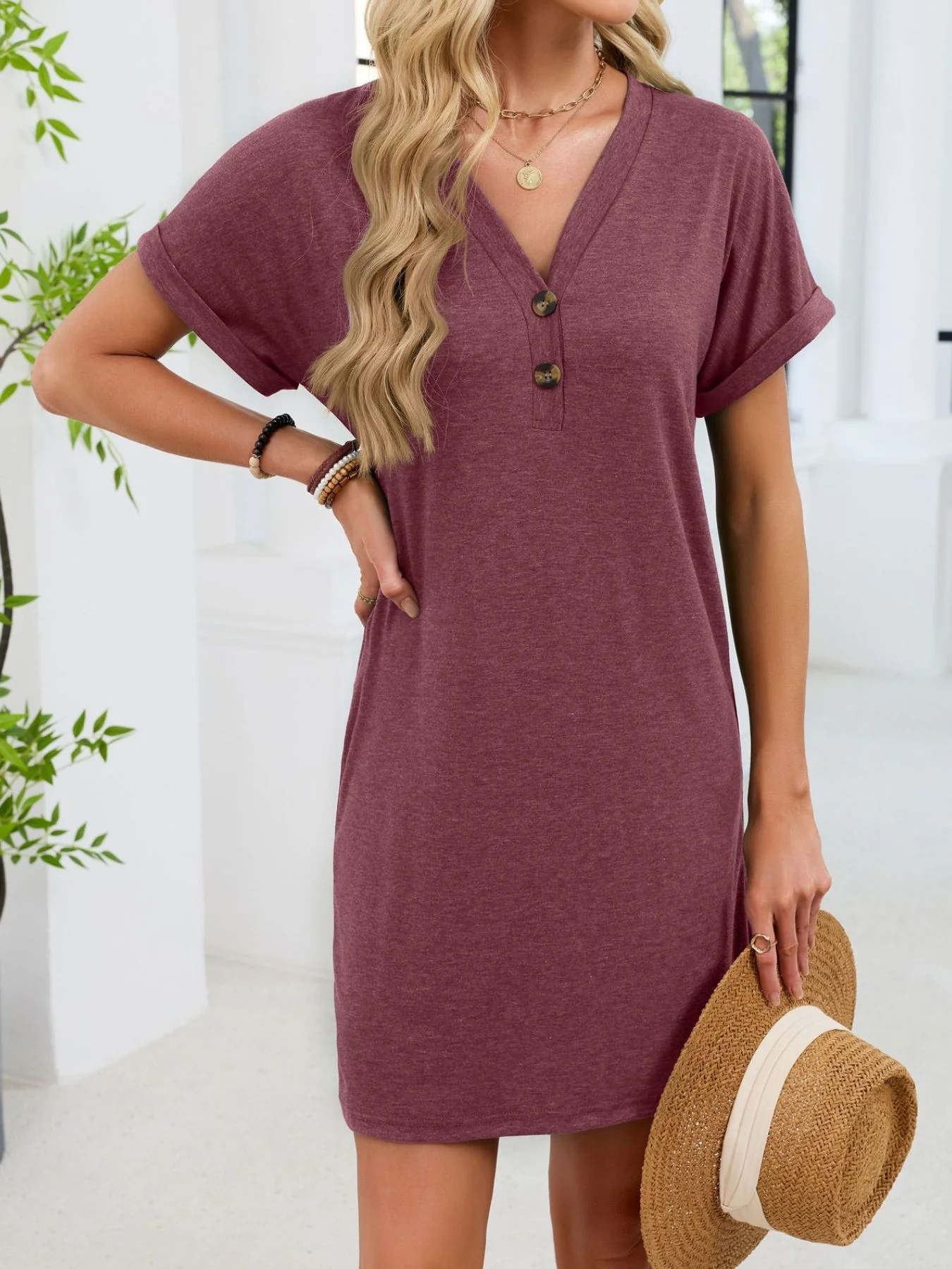 Casual V-Neck Short Sleeve T-Shirt Dress - Image 29