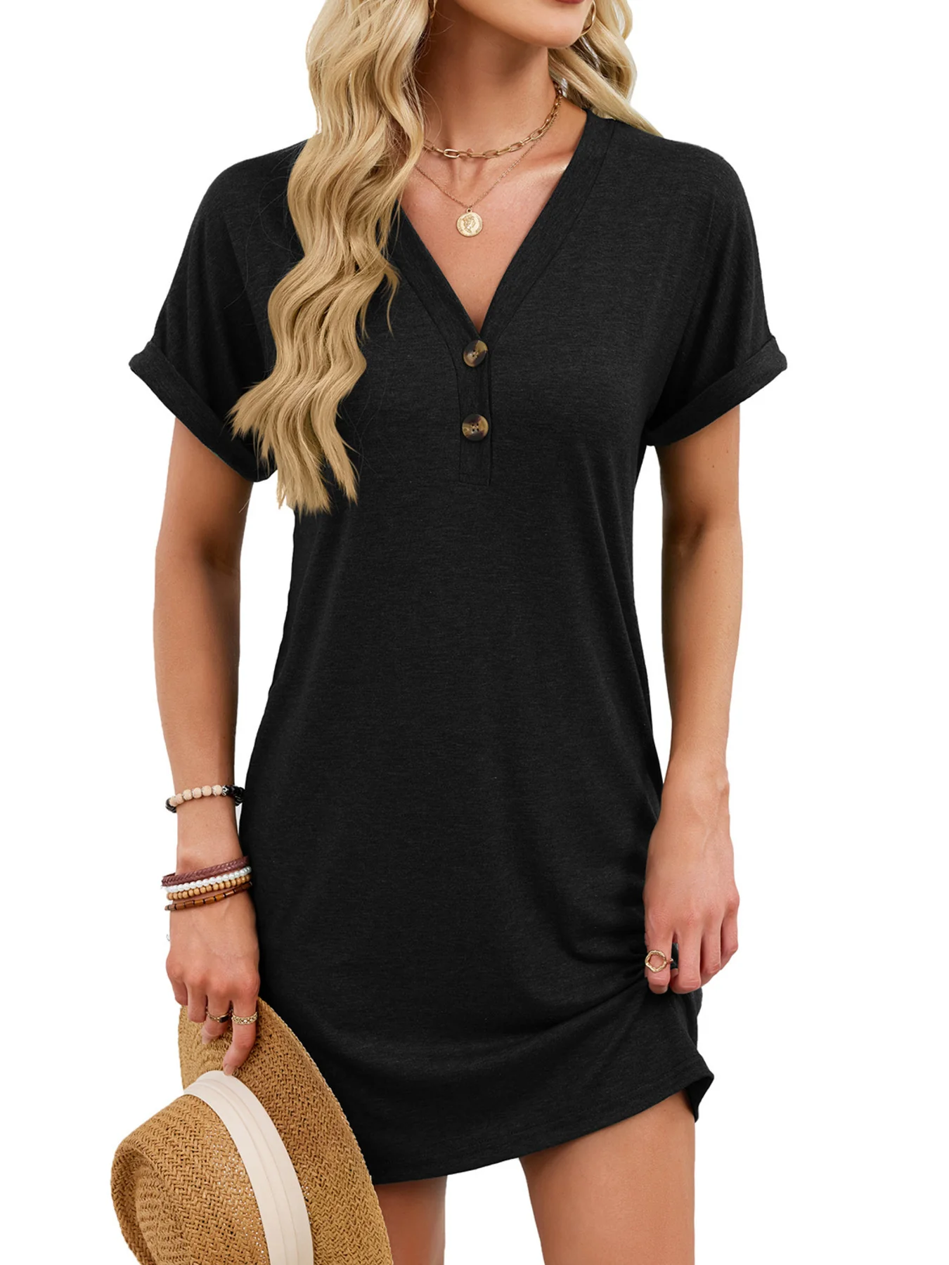 Casual V-Neck Short Sleeve T-Shirt Dress - Image 6