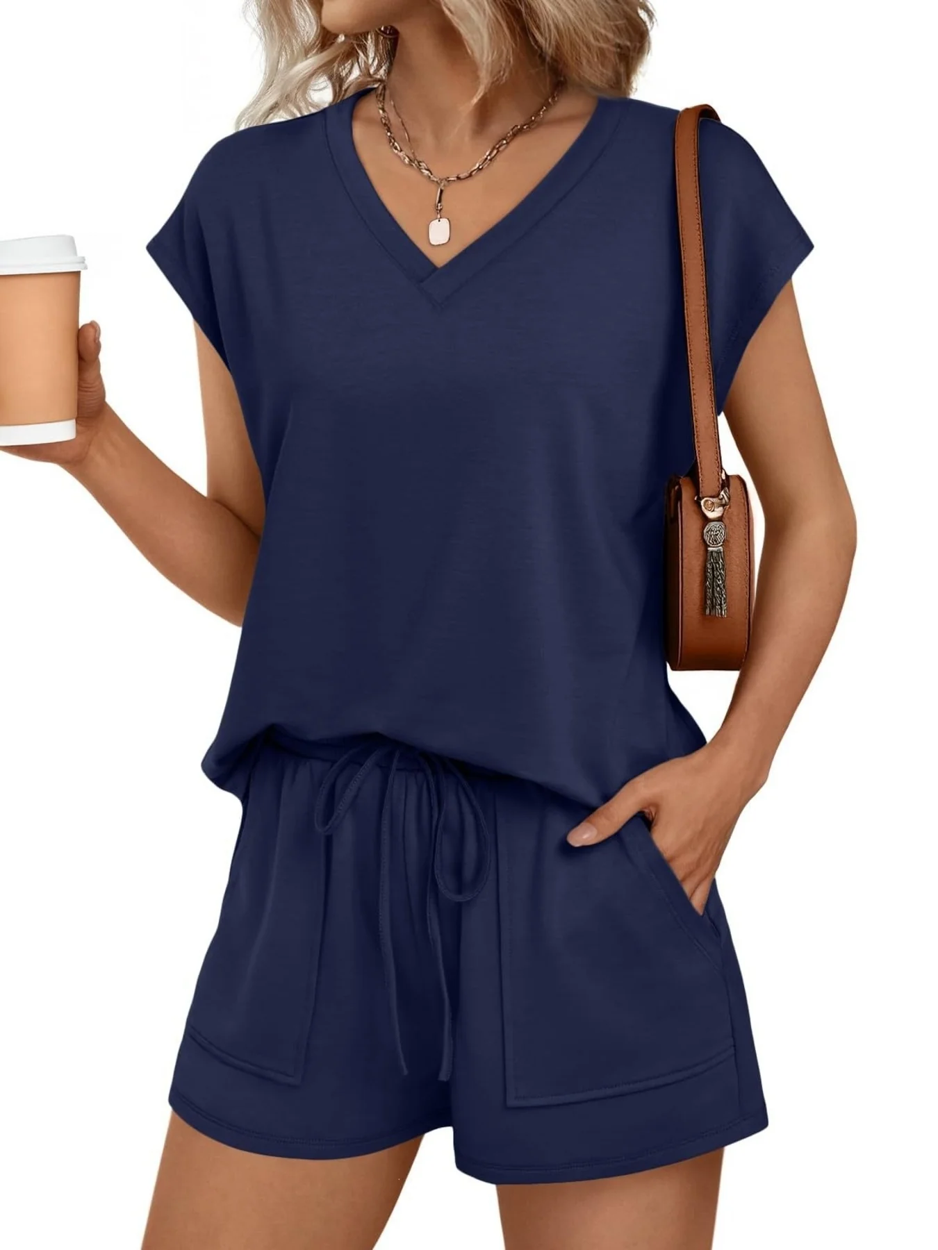 Casual V-Neck T-Shirt and Shorts Set - Image 18
