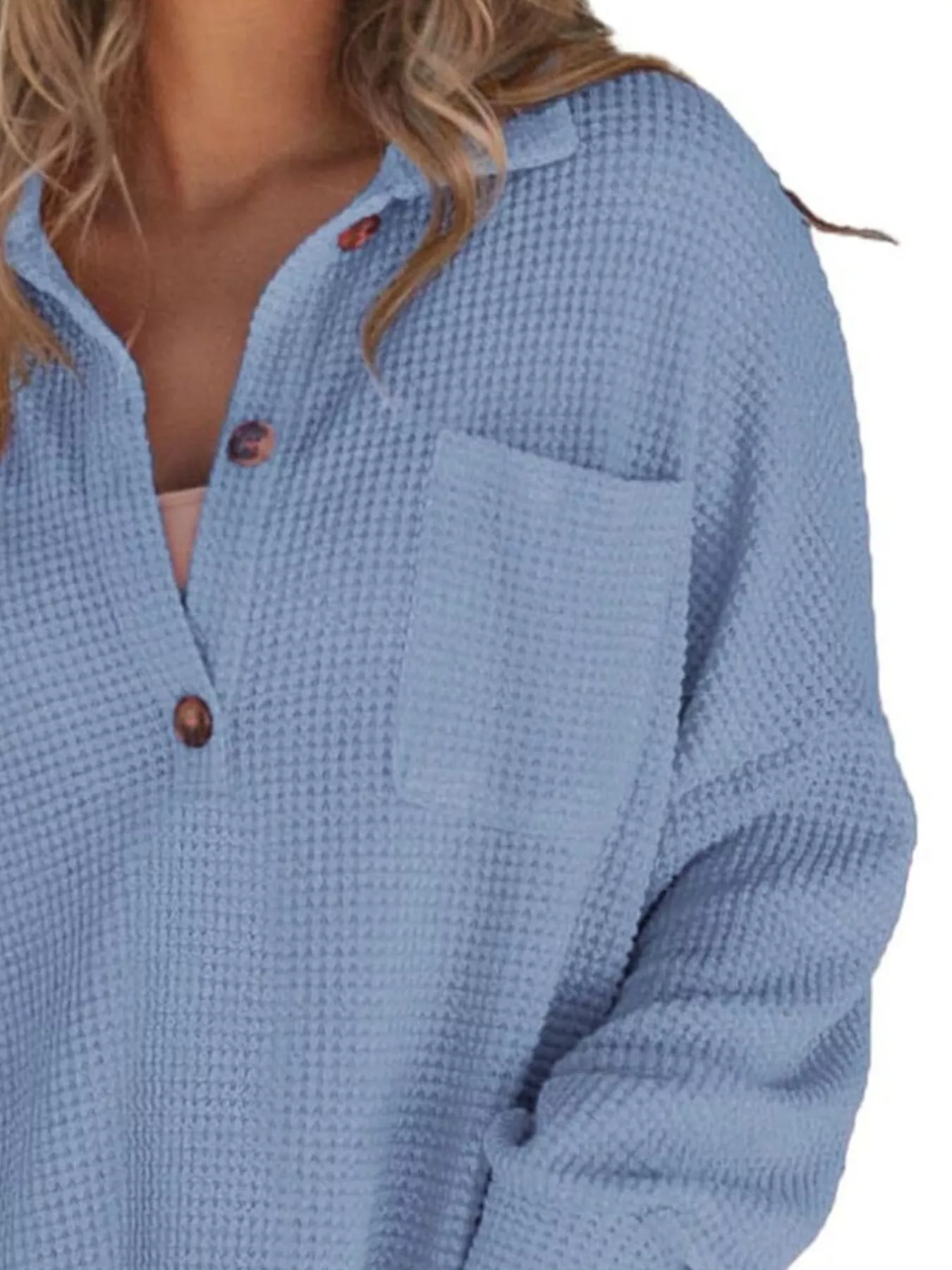 Casual Waffle Knit Button Detail Blouse - Image 15