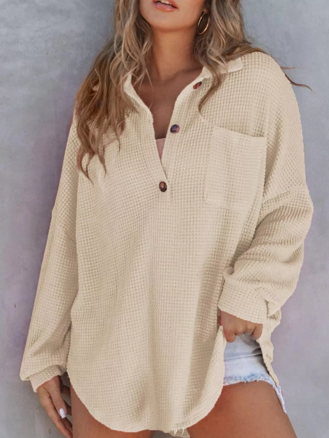 Casual Waffle Knit Button Detail Blouse - Image 19