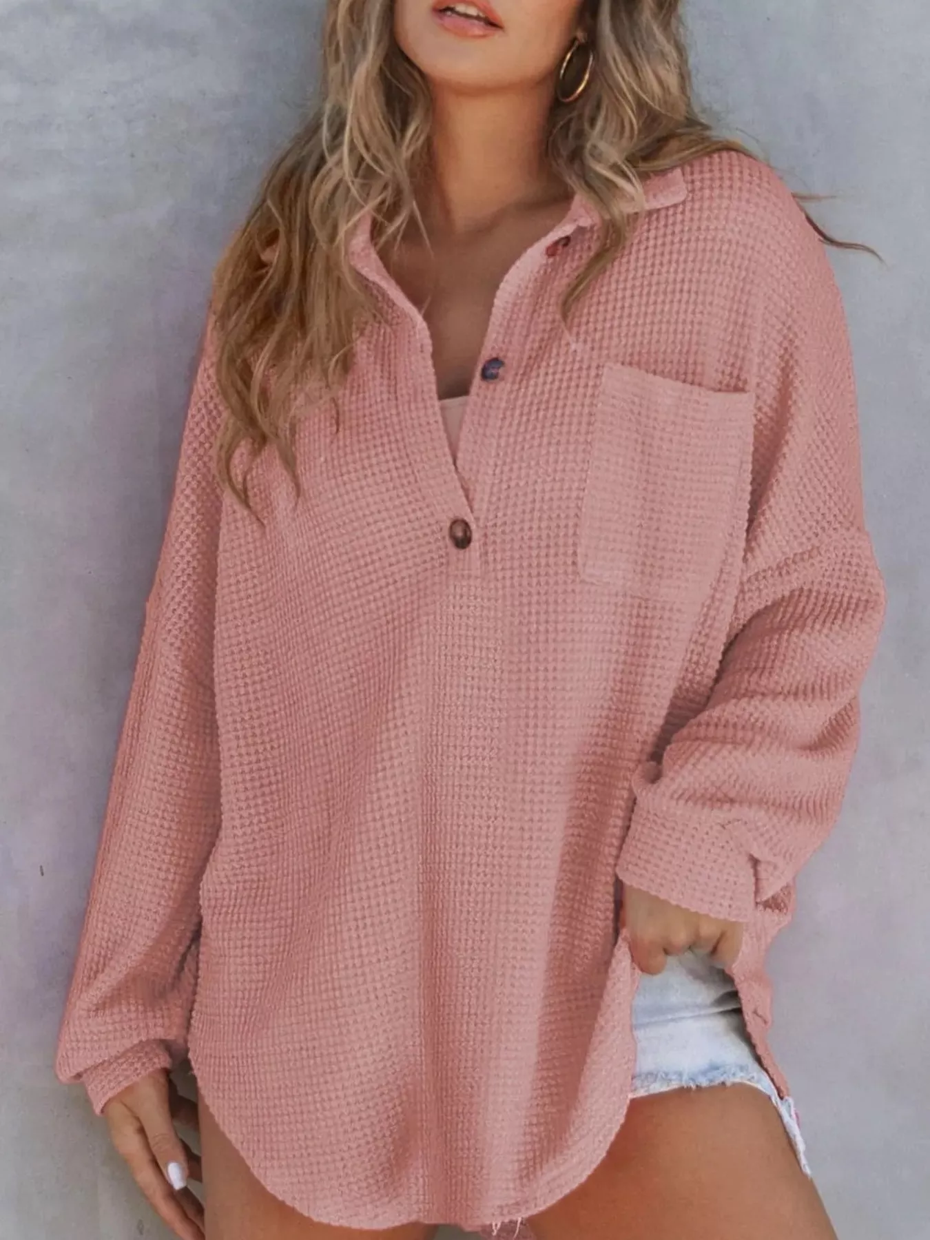 Casual Waffle Knit Button Detail Blouse - Image 25
