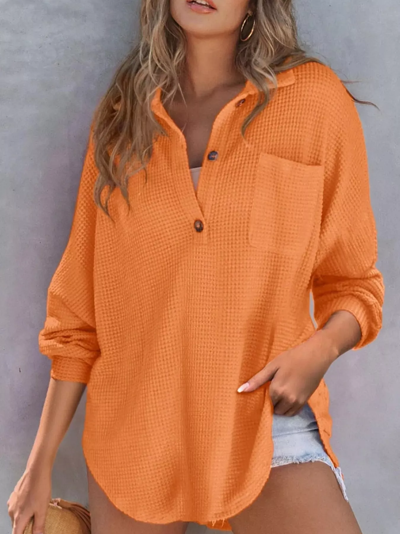 Casual Waffle Knit Button Detail Blouse - Image 4
