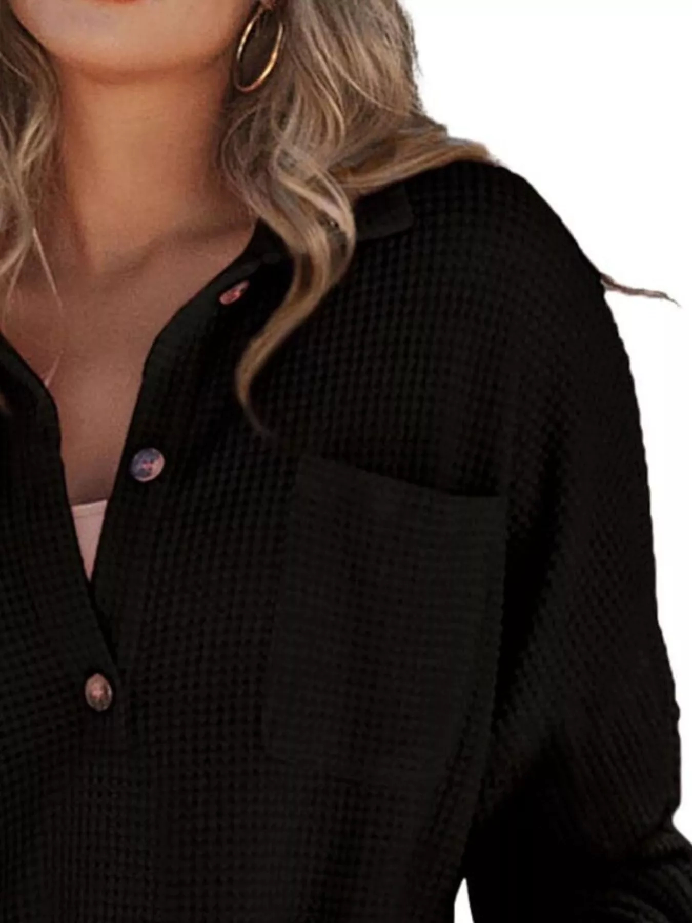 Casual Waffle Knit Button Detail Blouse - Image 9
