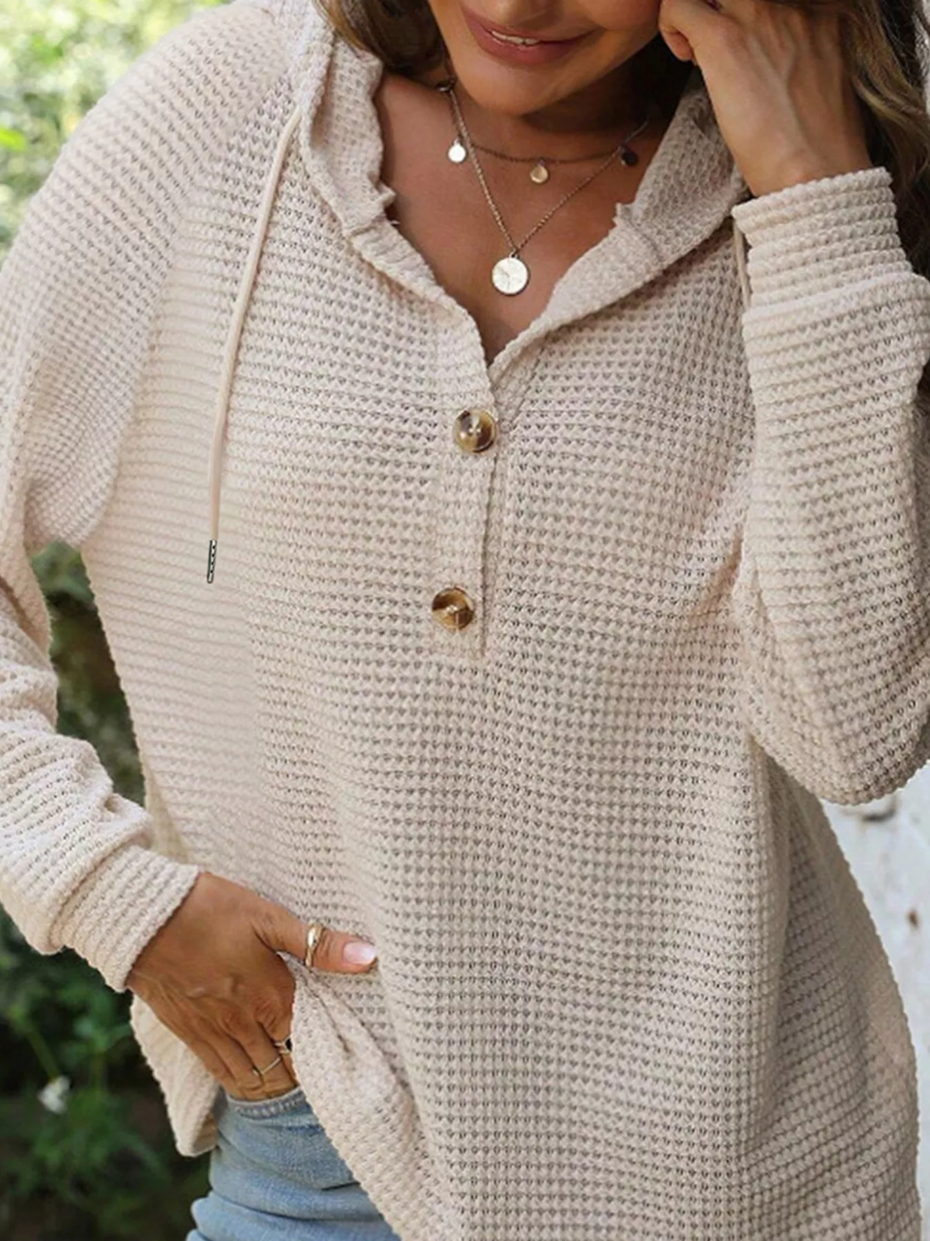 Casual Waffle Knit Button Detail Hoodie - Image 3