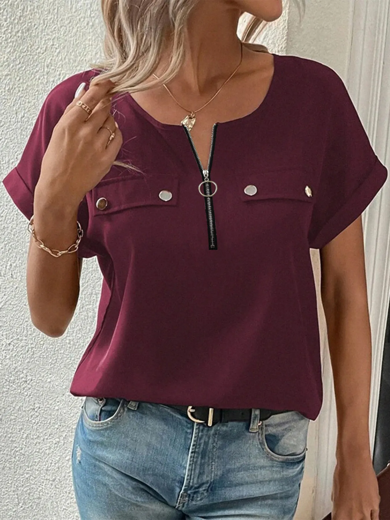 Casual Zipper Front Short Sleeve Blouse - Image 7