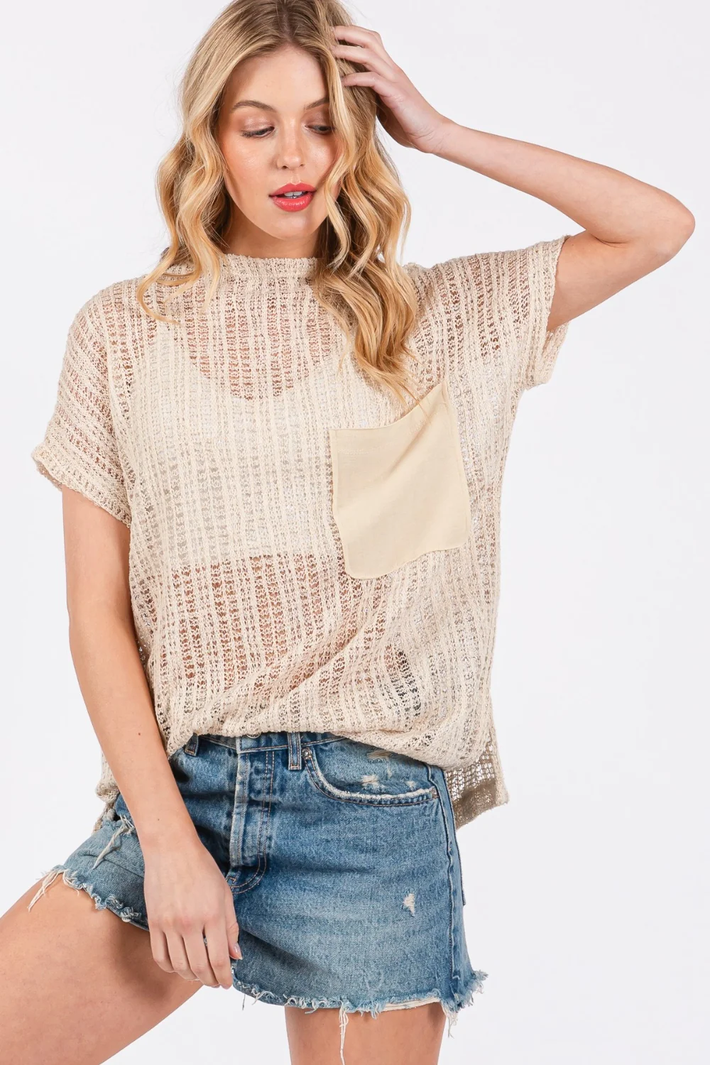 Ces Femme See Through Crochet Mock Neck Cover Up - Image 3